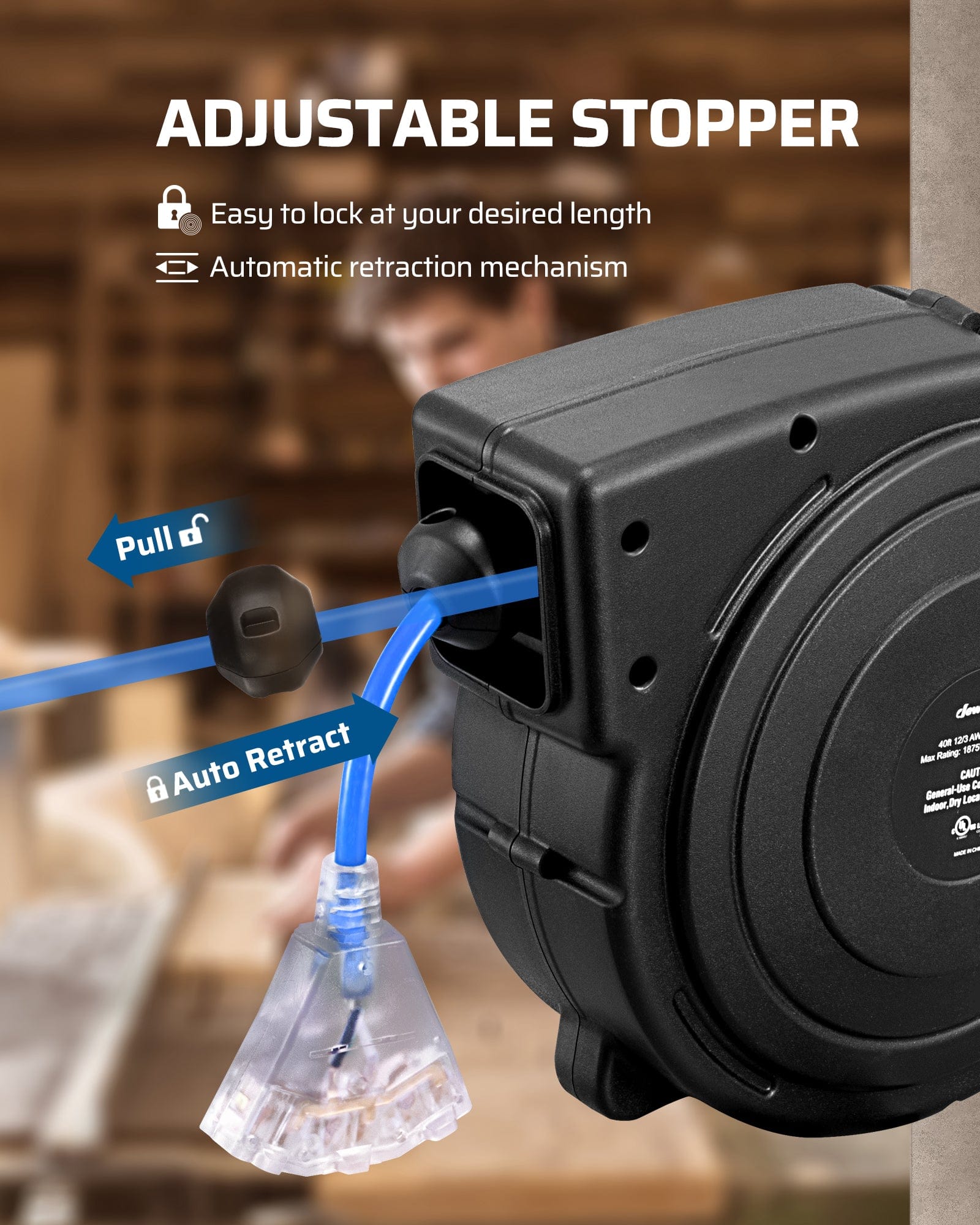 40ft extension cord reel with adjustable stopper and automatic retraction for smooth, tangle-free cord management.