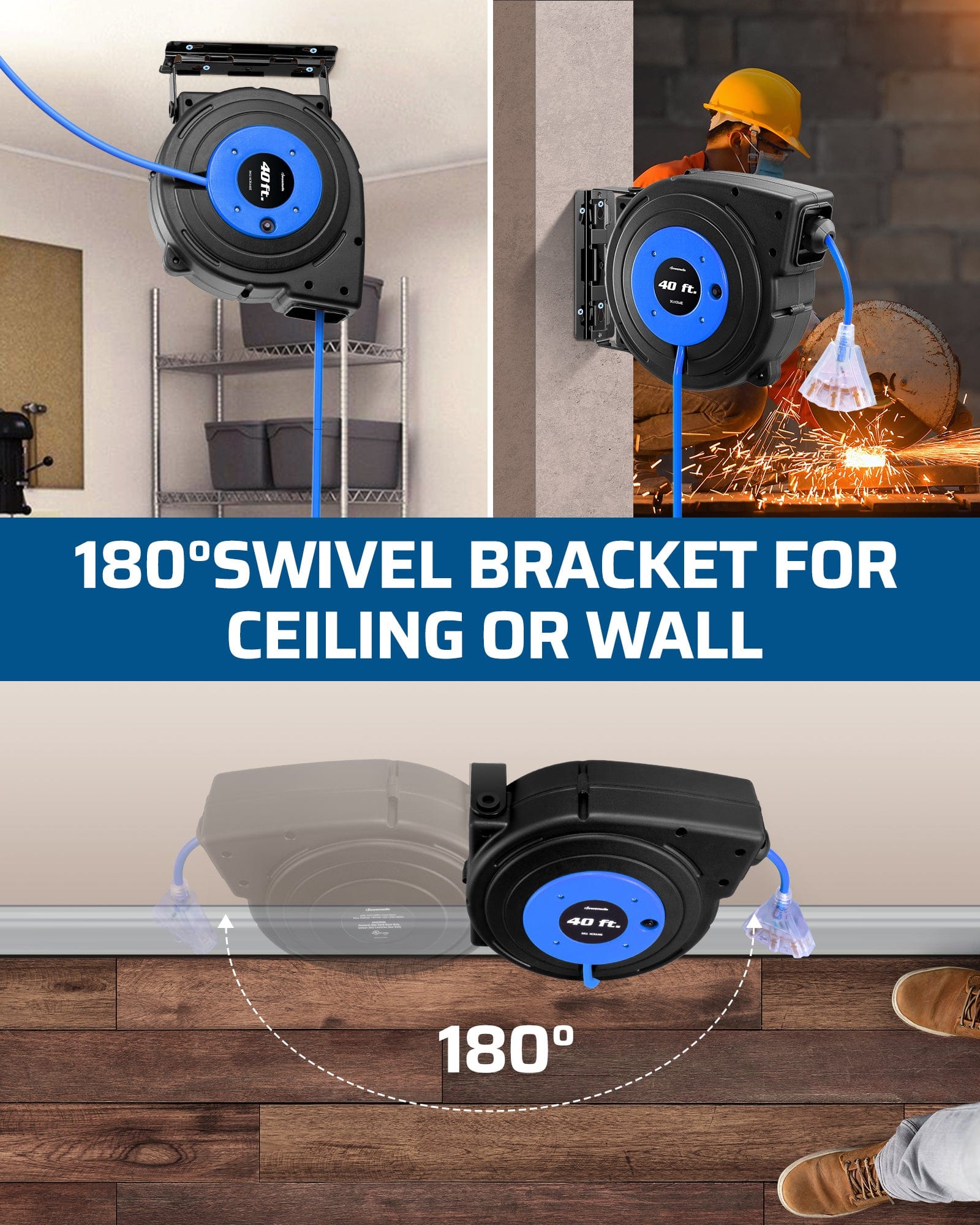 40ft extension cord reel with 180° swivel bracket for ceiling or wall mounting and flexible positioning.