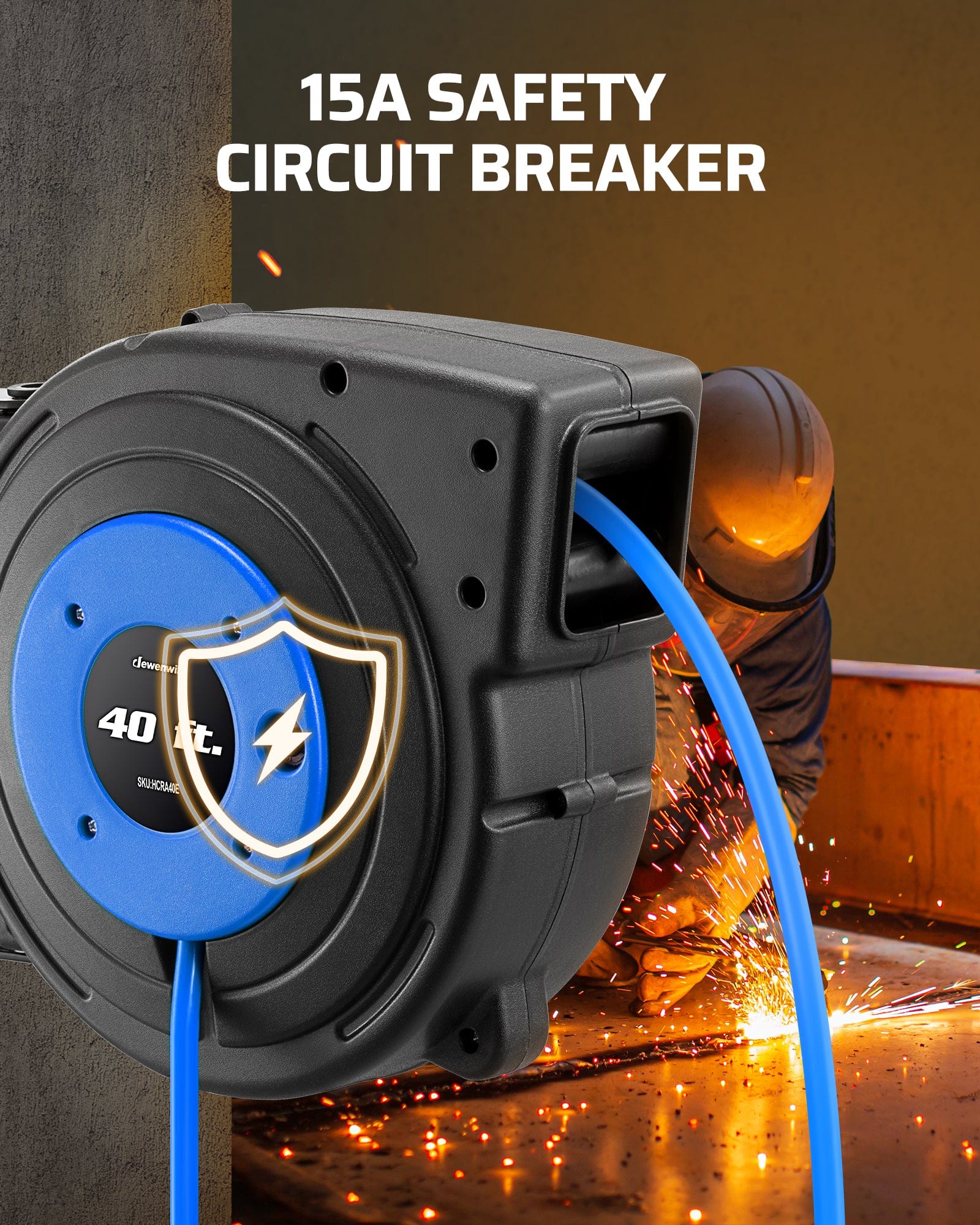 40ft extension cord reel with 15A safety circuit breaker for overload protection and reliable power use.