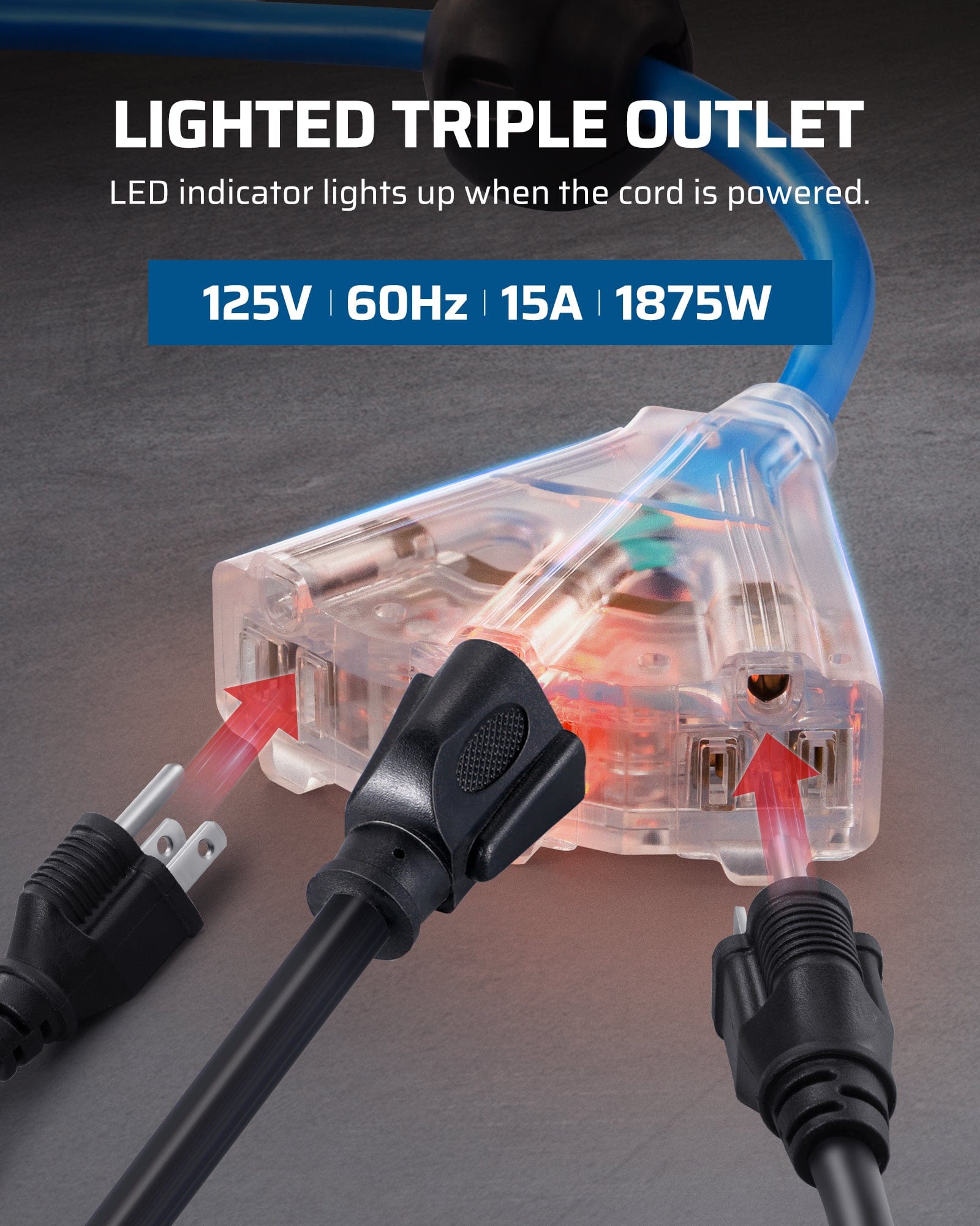 40ft extension cord reel with lighted triple outlets, LED indicator, 125V/15A/1875W max rating for safe, convenient power use.