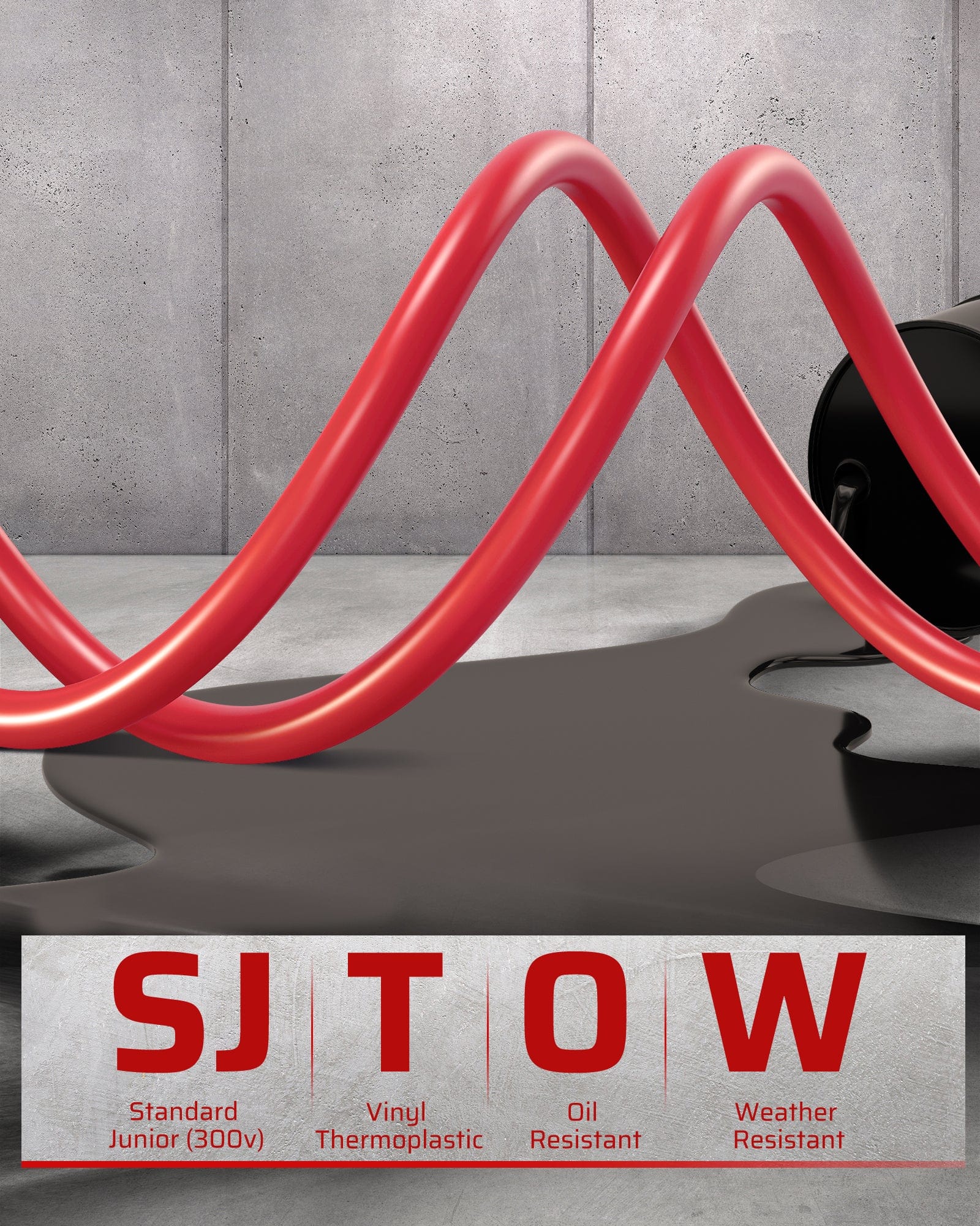 40ft Retractable Cord Reel: 12AWG/3C SJTOW cord (Standard Junior 300V), vinyl thermoplastic, oil and weather resistant, wall/ceiling mountable.