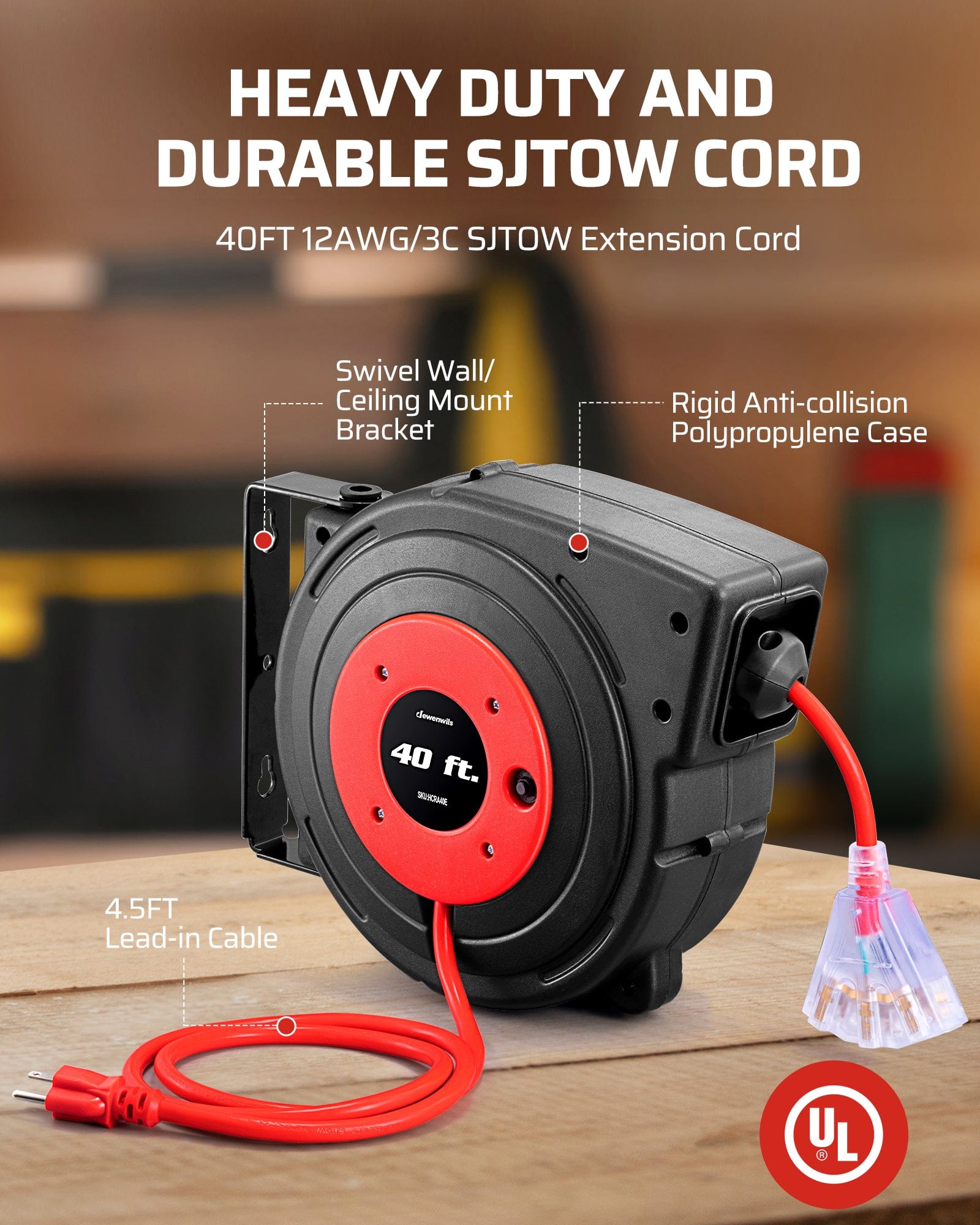 40ft Retractable Cord Reel: 12AWG/3C SJTOW heavy-duty cord, anti-collision polypropylene case, swivel wall/ceiling bracket, and 4.5ft lead-in cable.