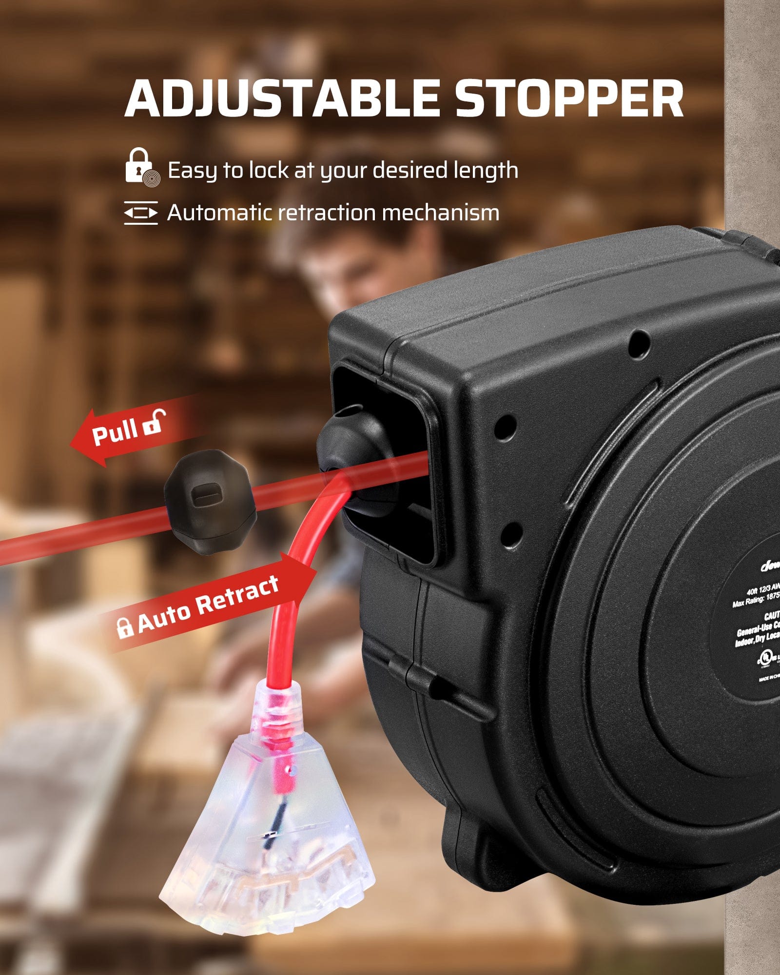 40ft Retractable Cord Reel: 12AWG/3C SJTOW cord, automatic retraction with adjustable stopper to lock length, swivel bracket, and 15A circuit breaker.