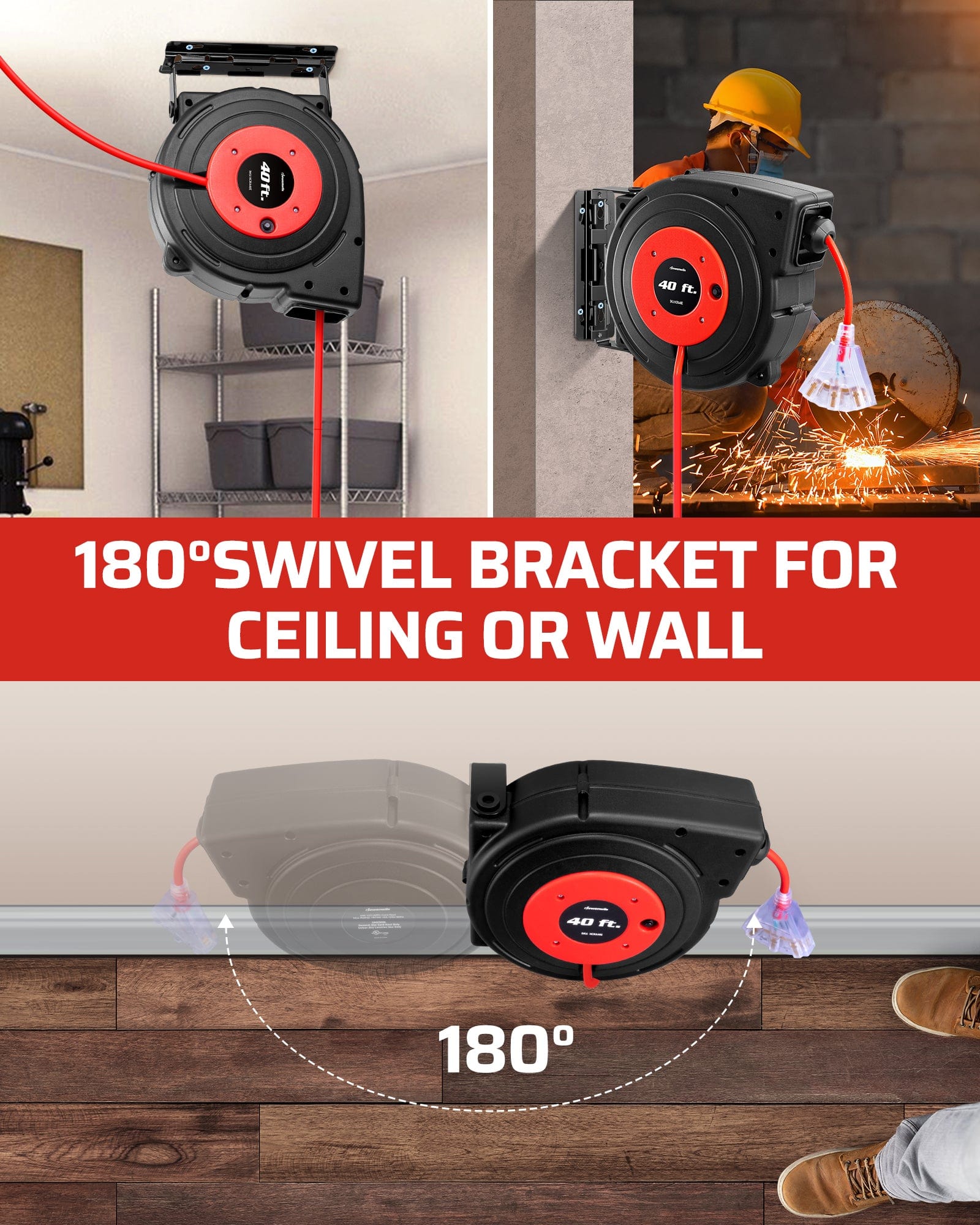 40ft Retractable Cord Reel: 180° swivel bracket for wall or ceiling mounting; 12AWG/3C SJTOW heavy-duty cord; automatic retraction and 15A circuit breaker.