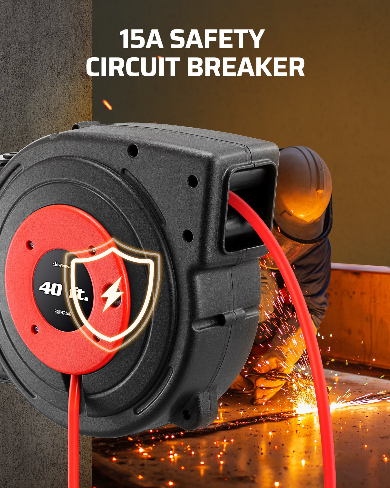 40ft Retractable Cord Reel: Integrated 15A safety circuit breaker that cuts power when overloaded; manual reset button included for quick restoration.