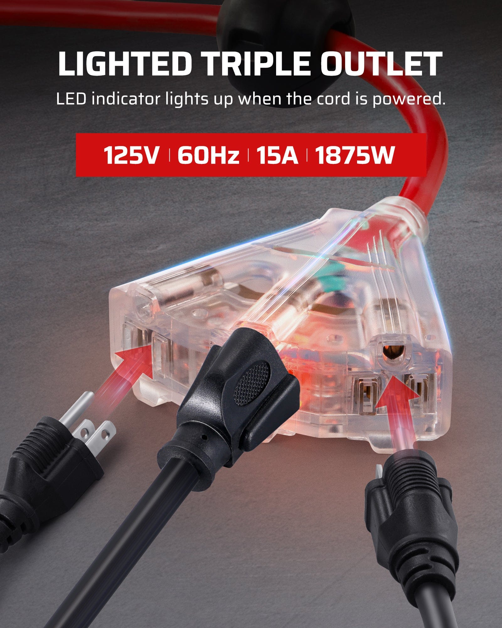 40ft Retractable Cord Reel: 125V/15A/1875W lighted triple outlet with LED indicator; 12AWG/3C SJTOW heavy-duty cord; 15A circuit breaker; wall/ceiling mountable.