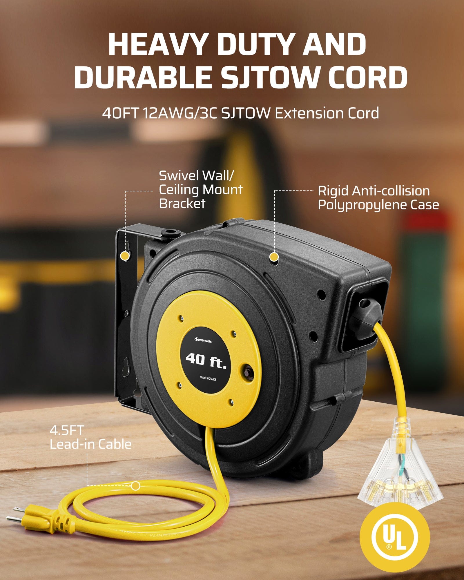 40ft extension cord reel, heavy-duty 12AWG/3C SJTOW cord, swivel wall/ceiling mount bracket, rigid anti-collision polypropylene case, 4.5ft lead-in cable.