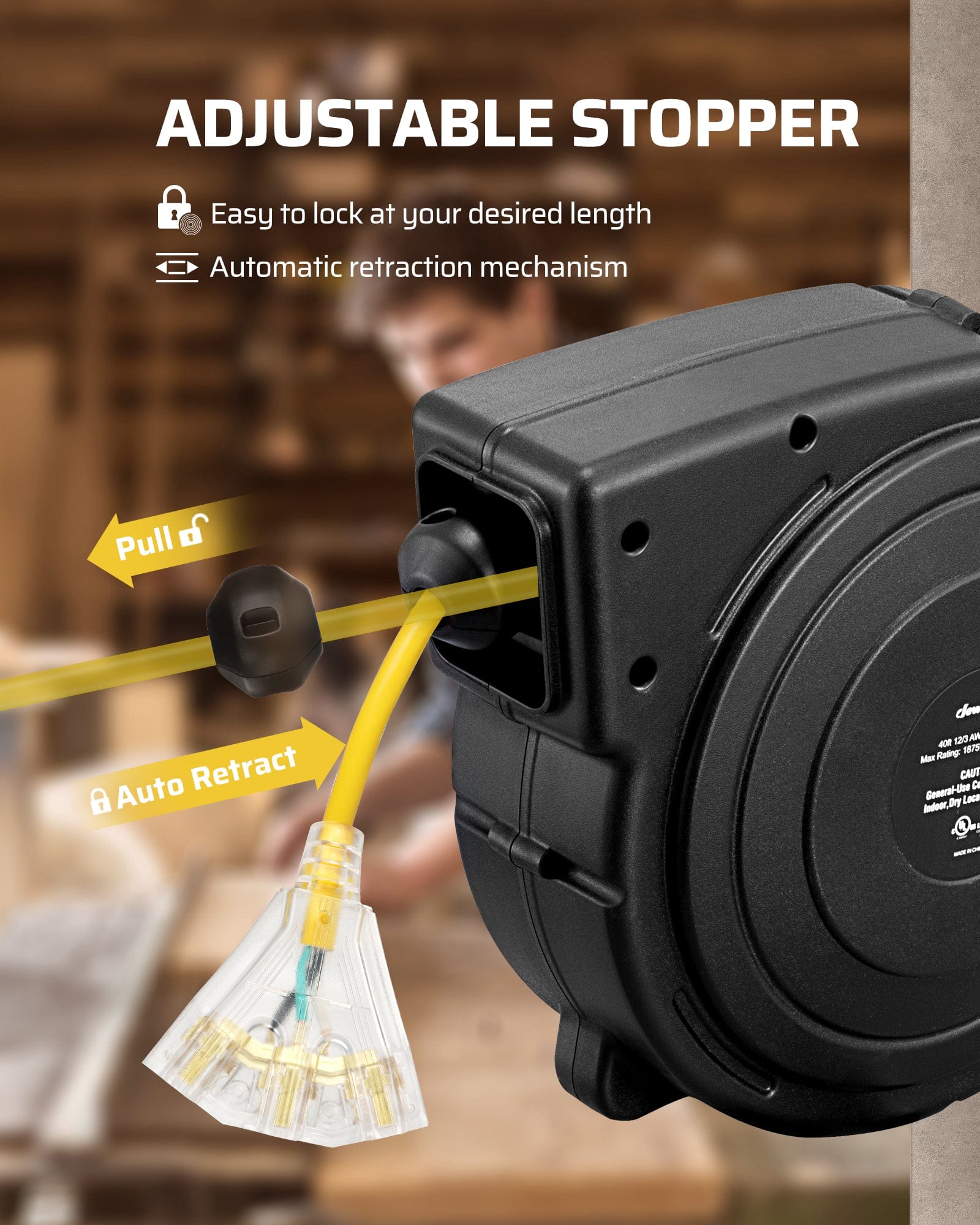 Adjustable stopper, easy to lock at desired length, with automatic retraction mechanism.