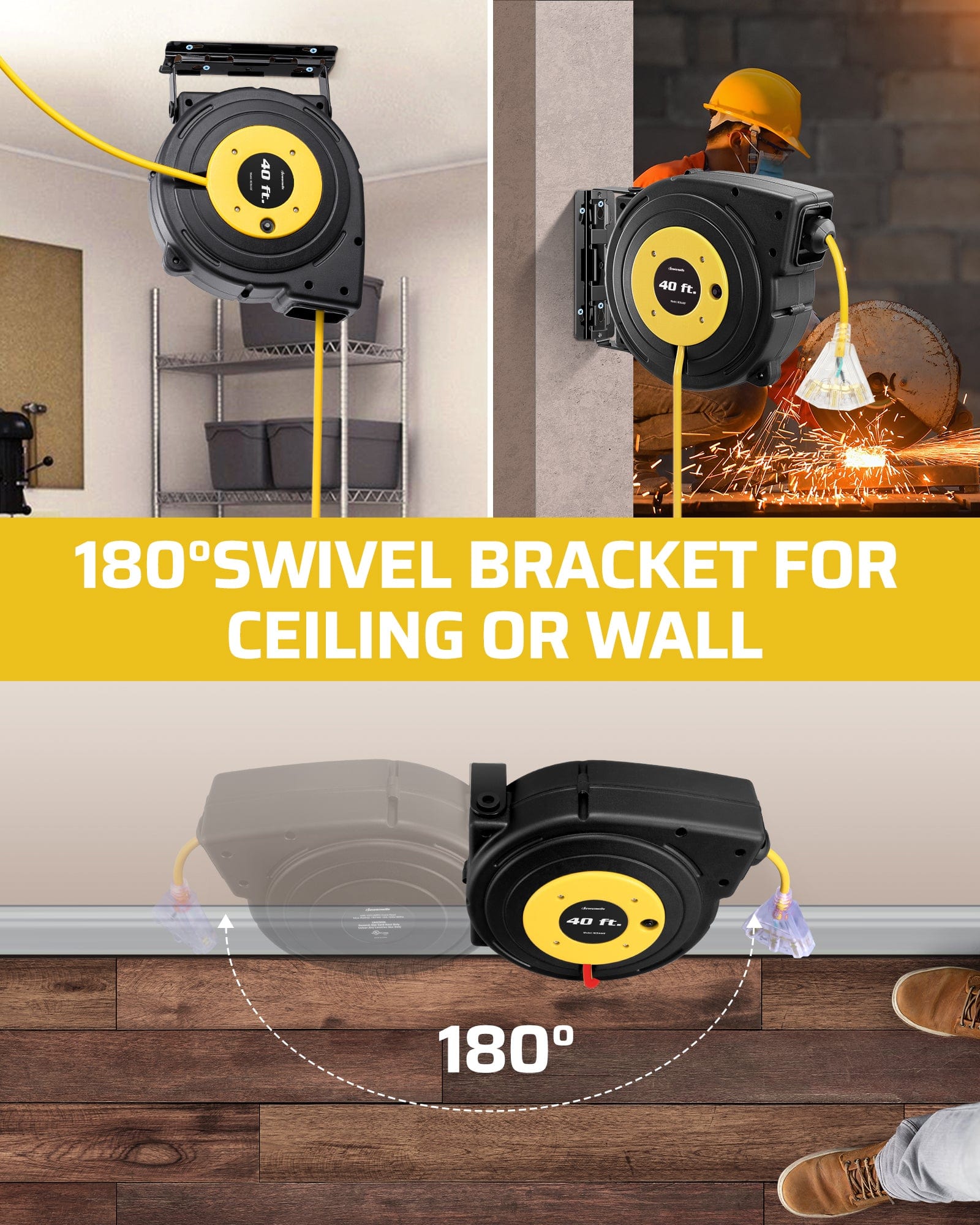 40ft extension cord reel, 180° swivel bracket for ceiling or wall mounting.