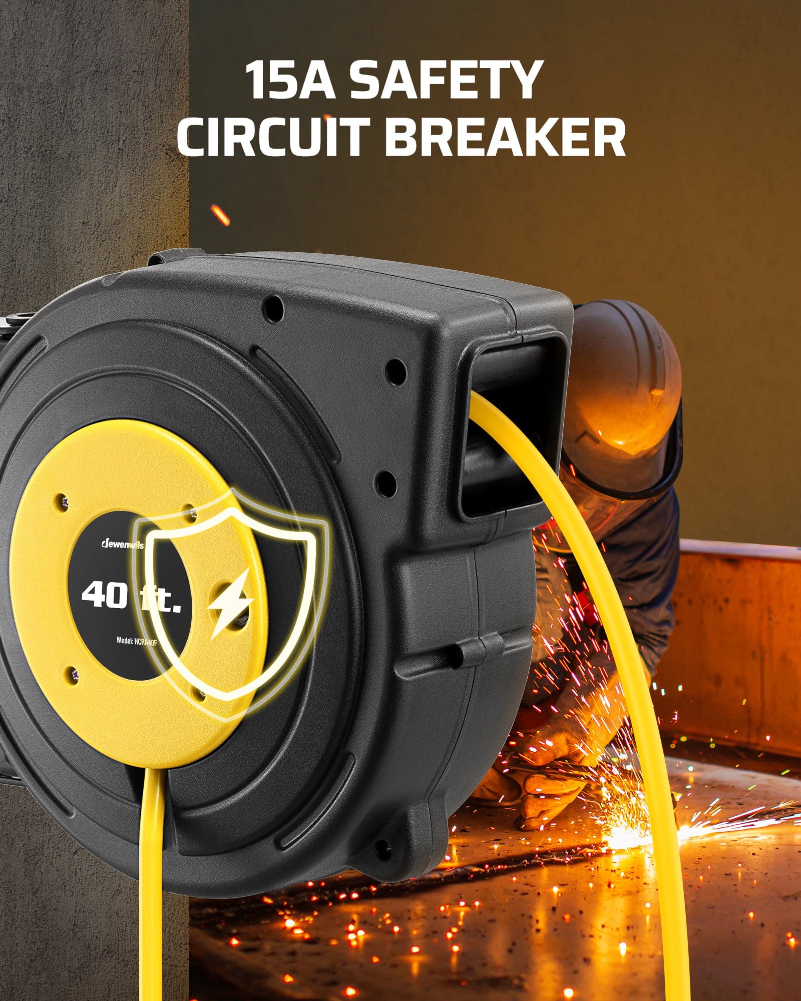 40ft extension cord reel, 15A safety circuit breaker.
