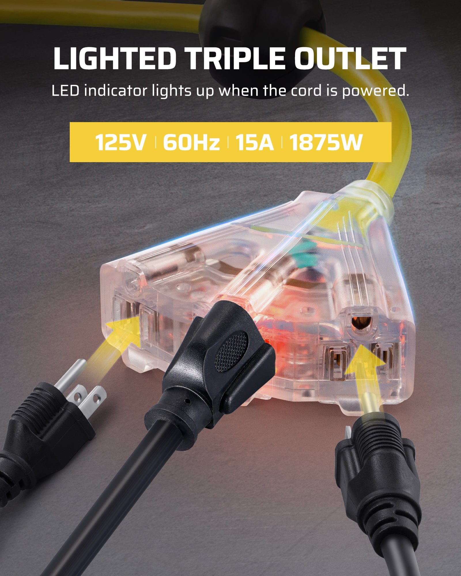 40ft extension cord reel, lighted triple outlet with LED indicator, 125V 60Hz, 15A, 1875W.