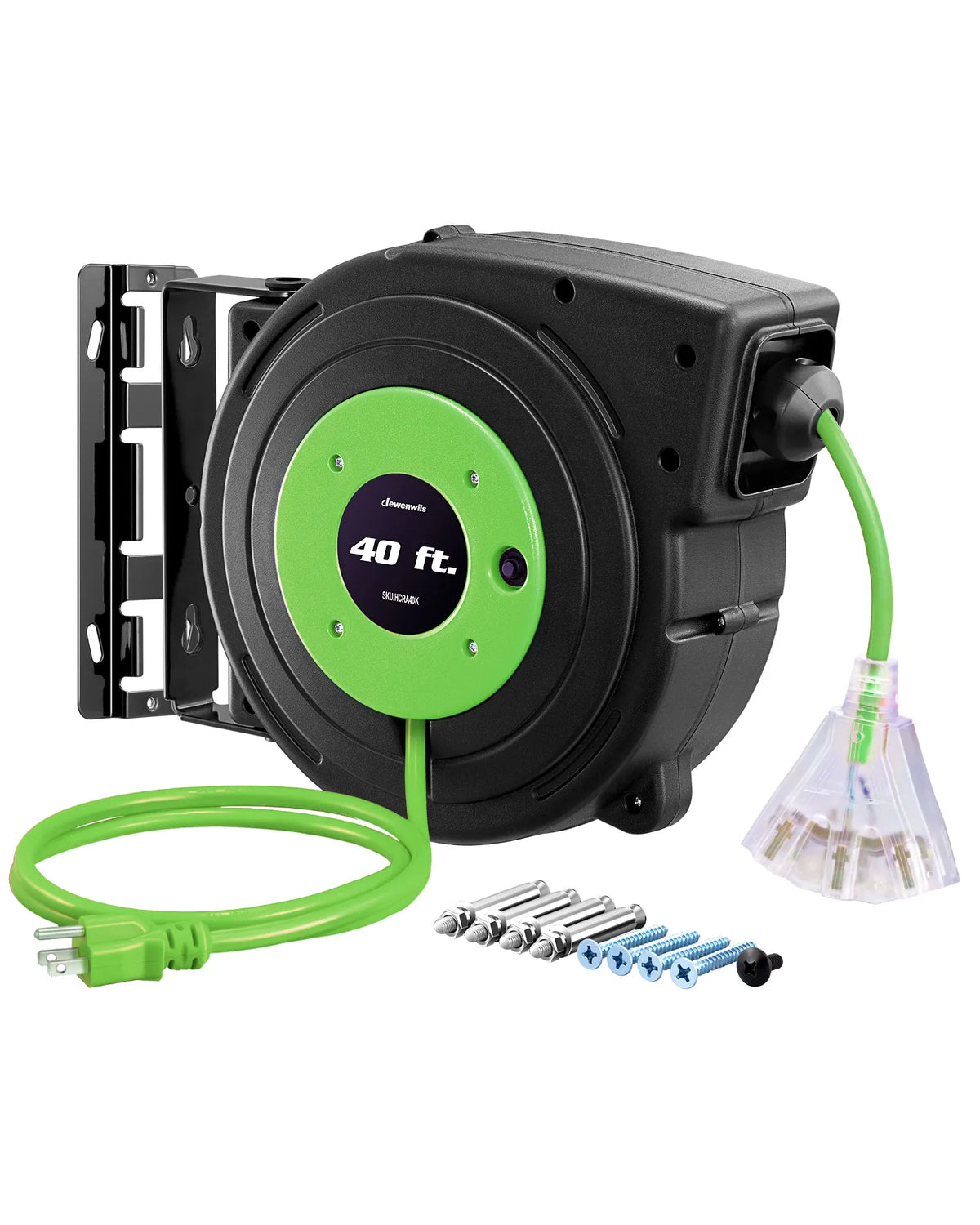DEWENWILS 40ft Heavy Duty Cord Reel, Retractable Extension Power Cord, 12AWG/3C SJTOW, 3-Lighted Triple Outlets, 15A Circuit Breaker, Wall/Ceiling Mounted, Adjustable Stopper, Blue Black-SHCRA40D