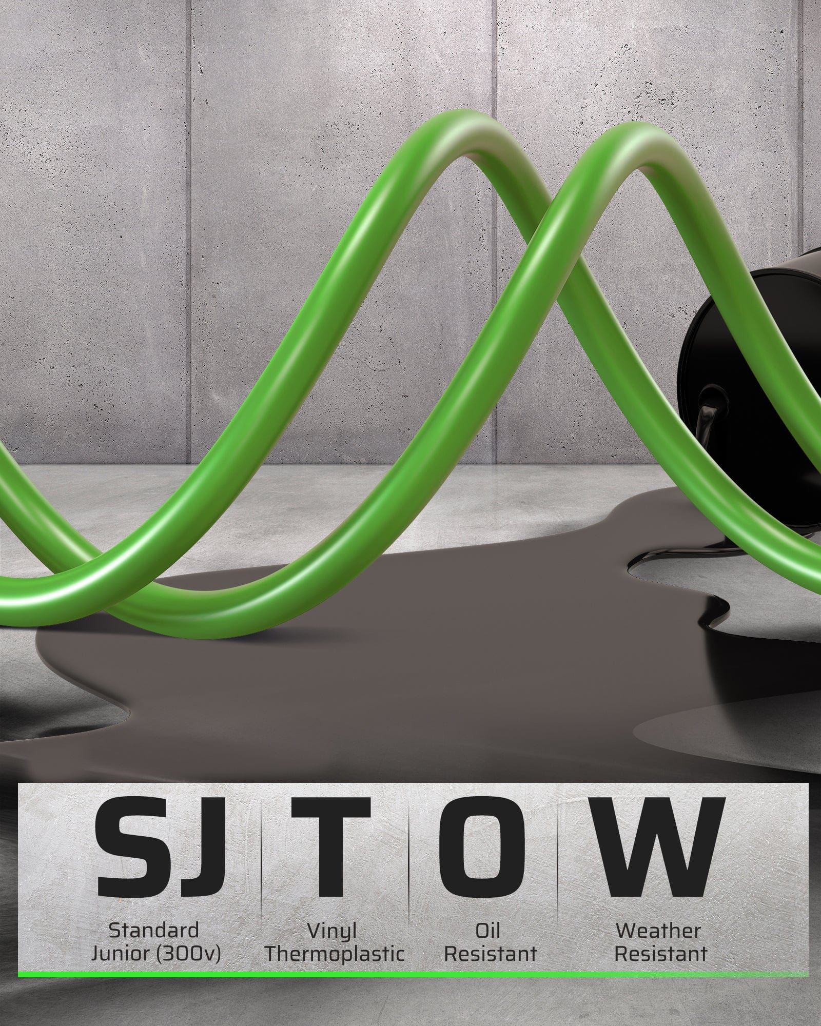 40ft Retractable Cord Reel: Features a 12AWG/3C SJTOW cord (Standard Junior Thermoplastic 300V), specifically designed to be oil and weather resistant.