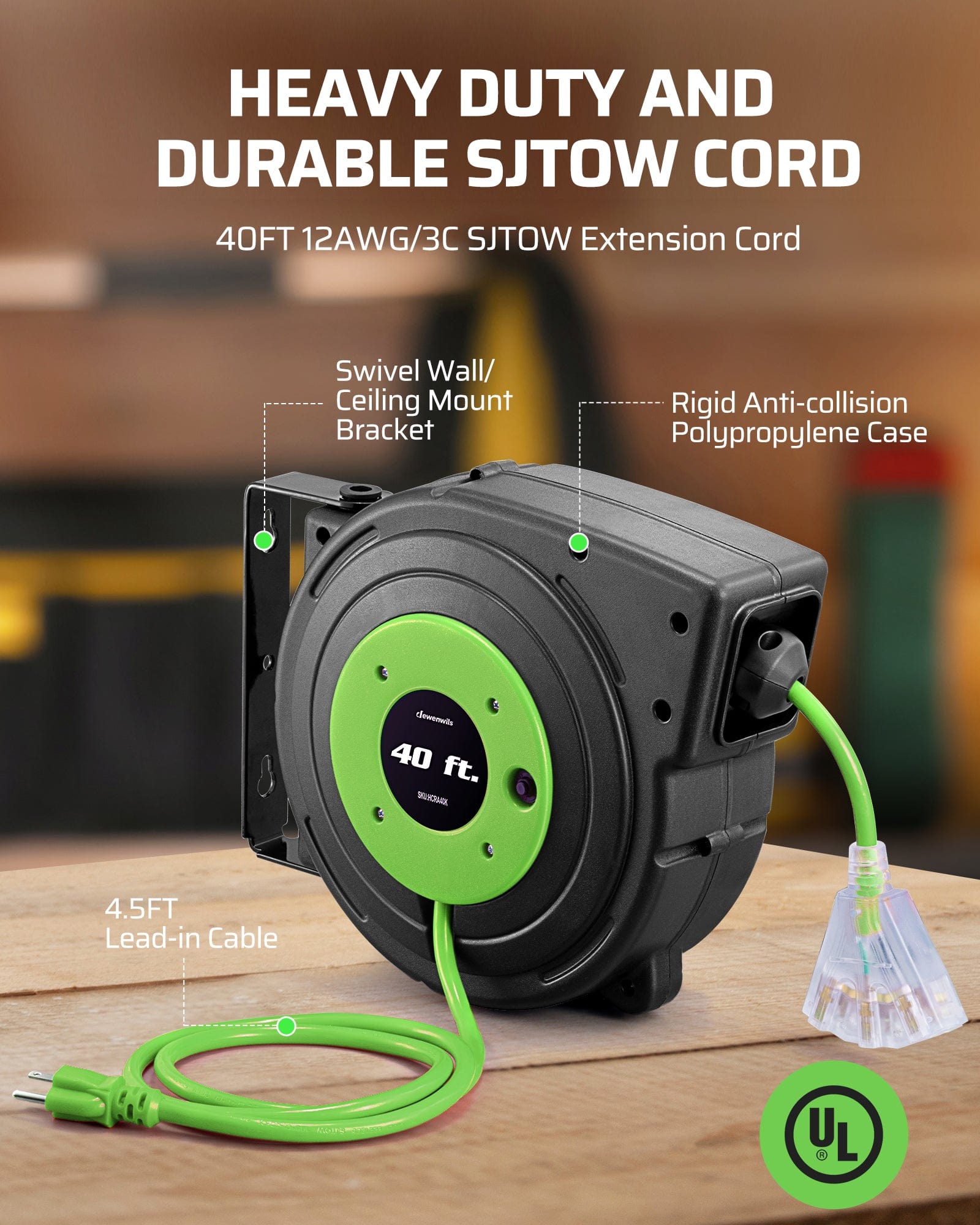 40ft Retractable Cord Reel: Features a heavy-duty 12AWG/3C SJTOW cord, a 4.5ft lead-in cable, and a rigid anti-collision polypropylene case with a swivel wall/ceiling mount bracket.