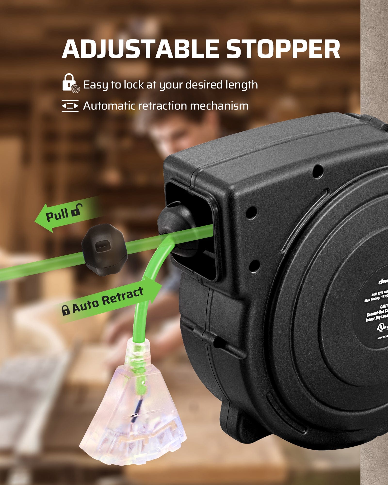 40ft Retractable Cord Reel: Features an adjustable stopper to lock the cord at any length and an automatic retraction mechanism for easy storage.
