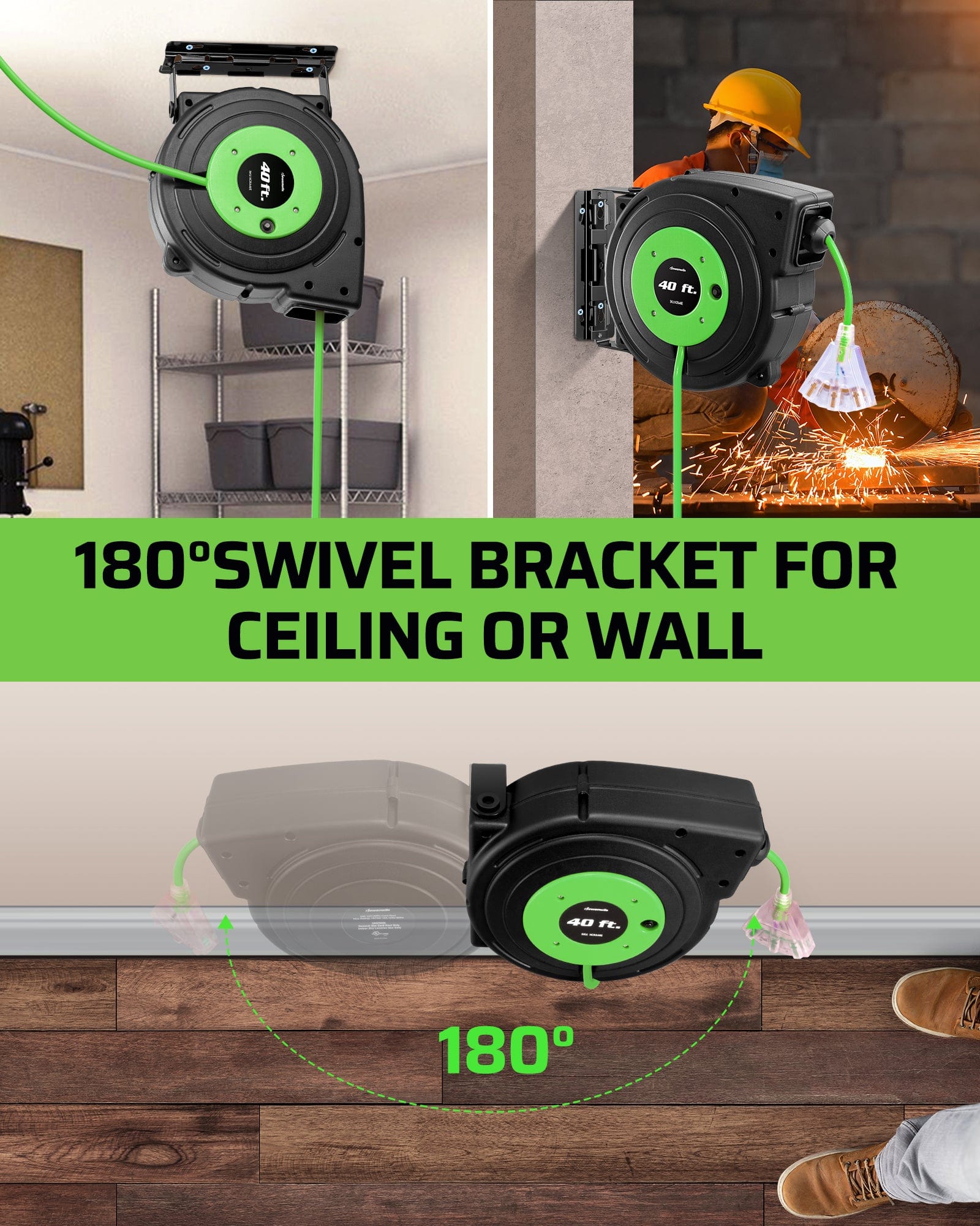 40ft Retractable Cord Reel: Equipped with a 180° swivel bracket designed for flexible mounting on either the ceiling or the wall
