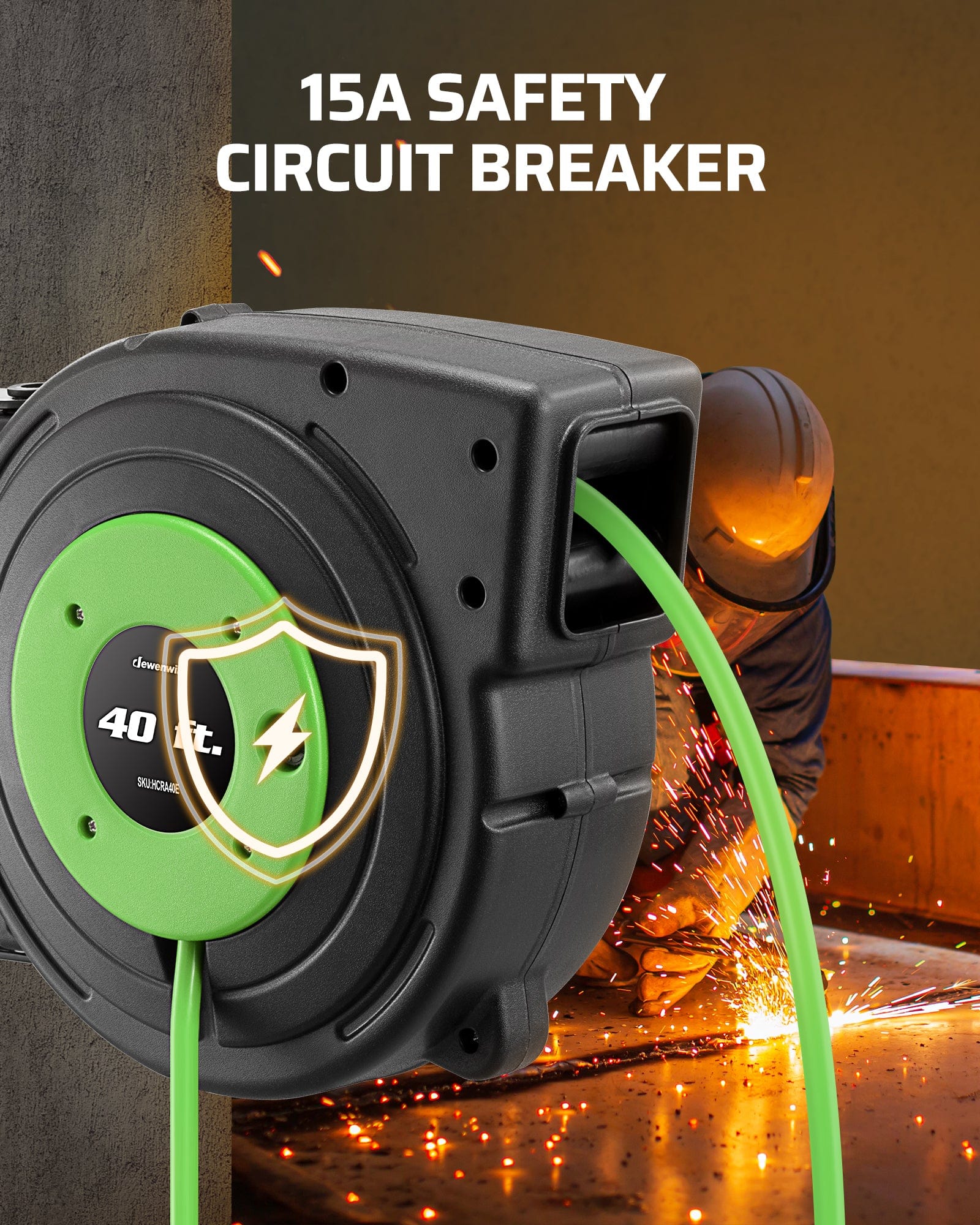40ft Retractable Cord Reel: Features a 15A safety circuit breaker that protects against overloads by automatically cutting power to ensure safe operation.