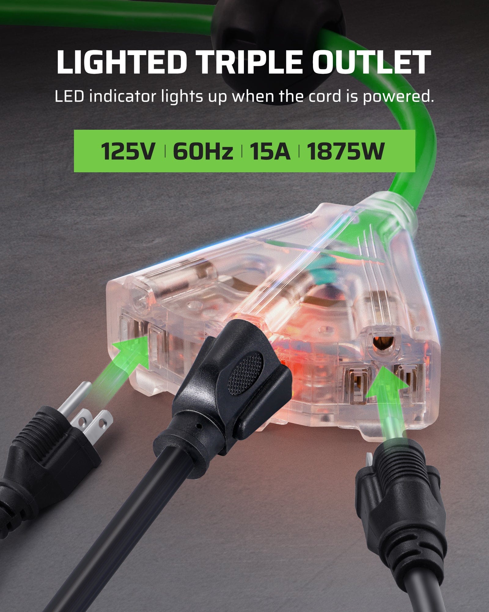 40ft Retractable Cord Reel: Features a lighted triple outlet with an LED indicator for power status; rated for 125V, 60Hz, 15A, and 1875W.