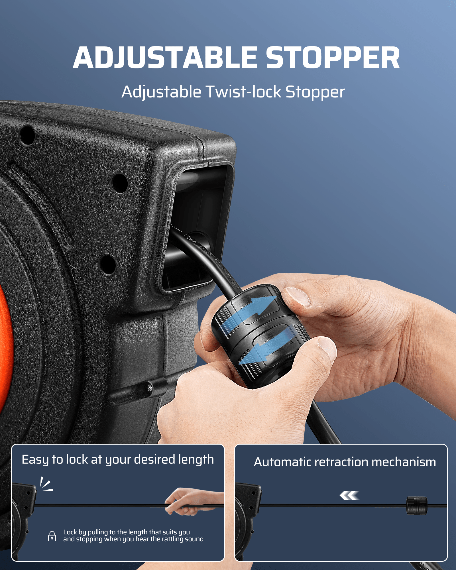 40FT Extension Cord Reel: Features an adjustable twist-lock stopper to set and secure your desired cord length, keeping the outlets always within reach.