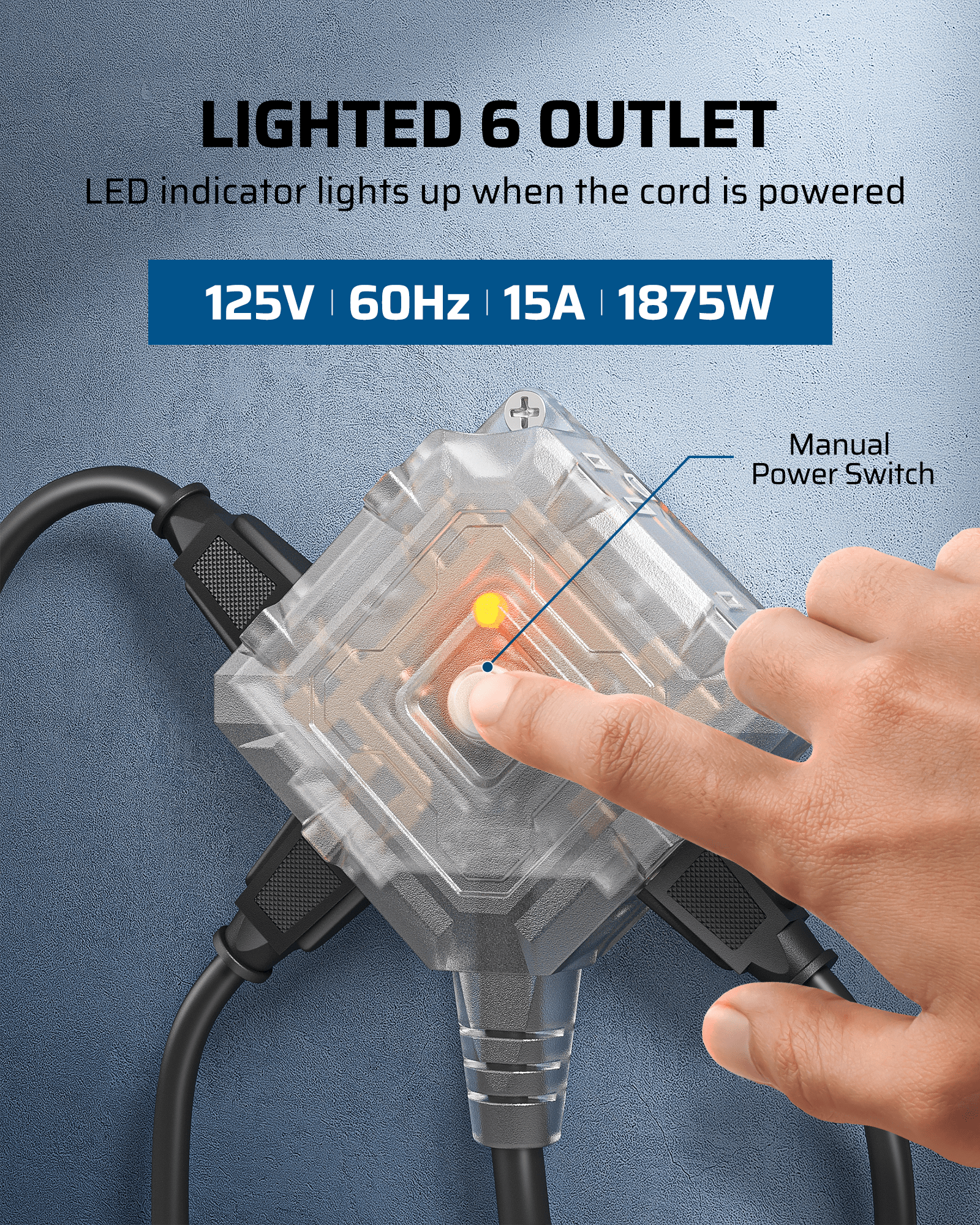 40FT Extension Cord Reel: 6 outlets with LED indicators, manual power switch, and 125V/15A/1875W capacity. Lights up when powered for easy visibility.