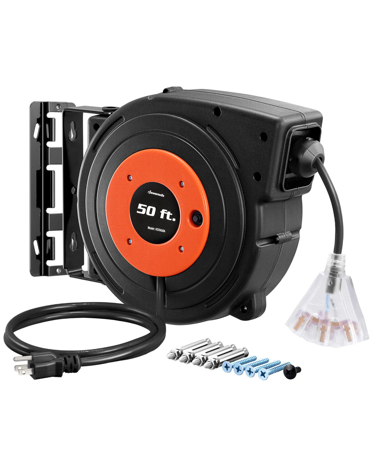 DEWENWILS 50ft Retractable Extension Cord Reel, Electric Cord Reel with 14AWG/3C SJTOW, 13A Circuit Breaker, Wall/Ceiling Mounted, 3-Lighted Triple Outlets, Blue Black-SHCRA50D