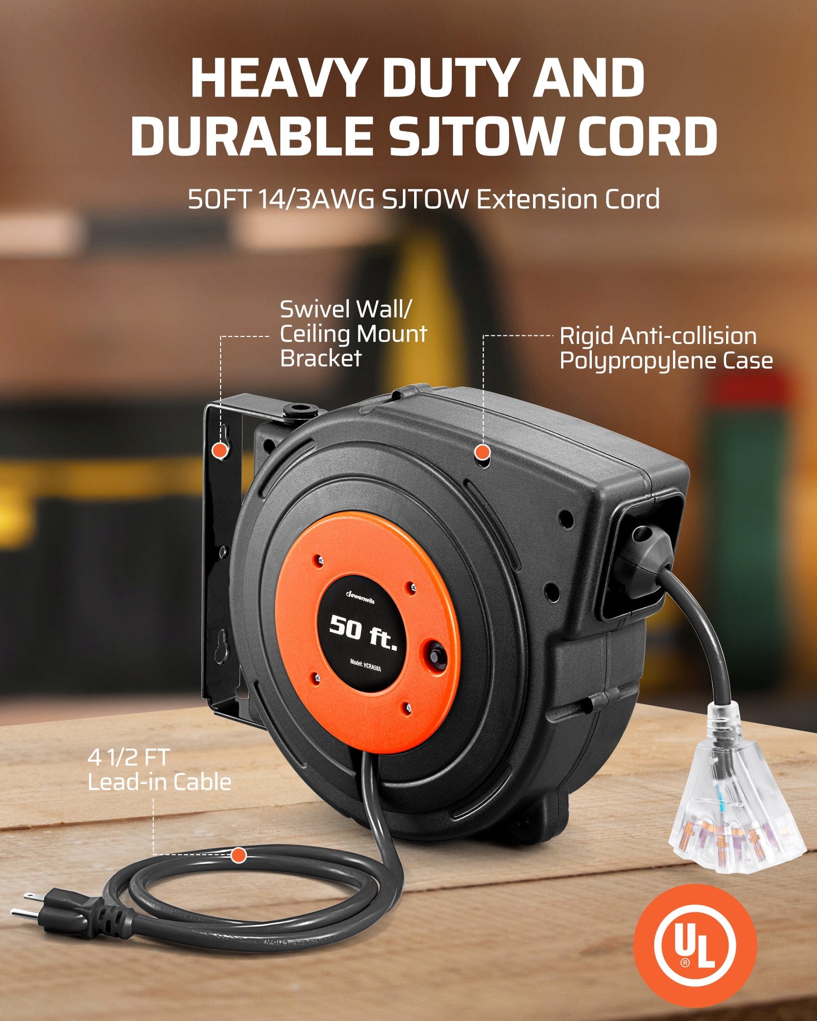 DEWENWILS 50ft retractable extension cord reel with heavy-duty 14/3 AWG SJTOW cord, swivel wall/ceiling mount, rigid polypropylene case, and 4.5ft lead-in cable.