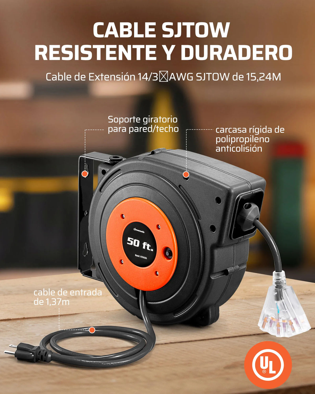DEWENWILS 50ft Retractable Extension Cord Reel, Electric Cord Reel with 14AWG/3C SJTOW, 13A Circuit Breaker, Wall/Ceiling Mounted, 3-Lighted Triple Outlets, Blue Black-SHCRA50D