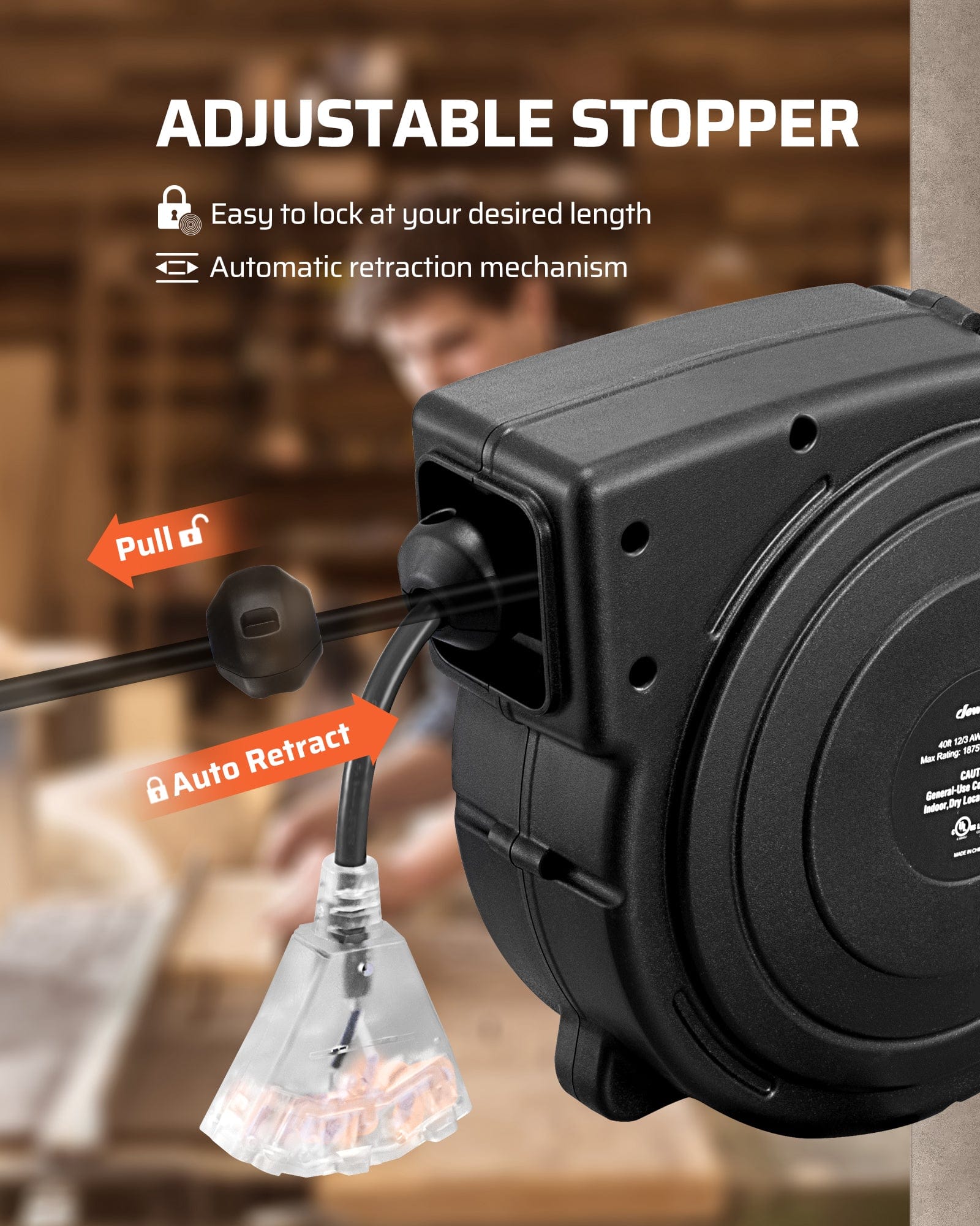 DEWENWILS 50ft retractable extension cord reel with adjustable stopper and automatic retraction for easy length locking and convenient power access.