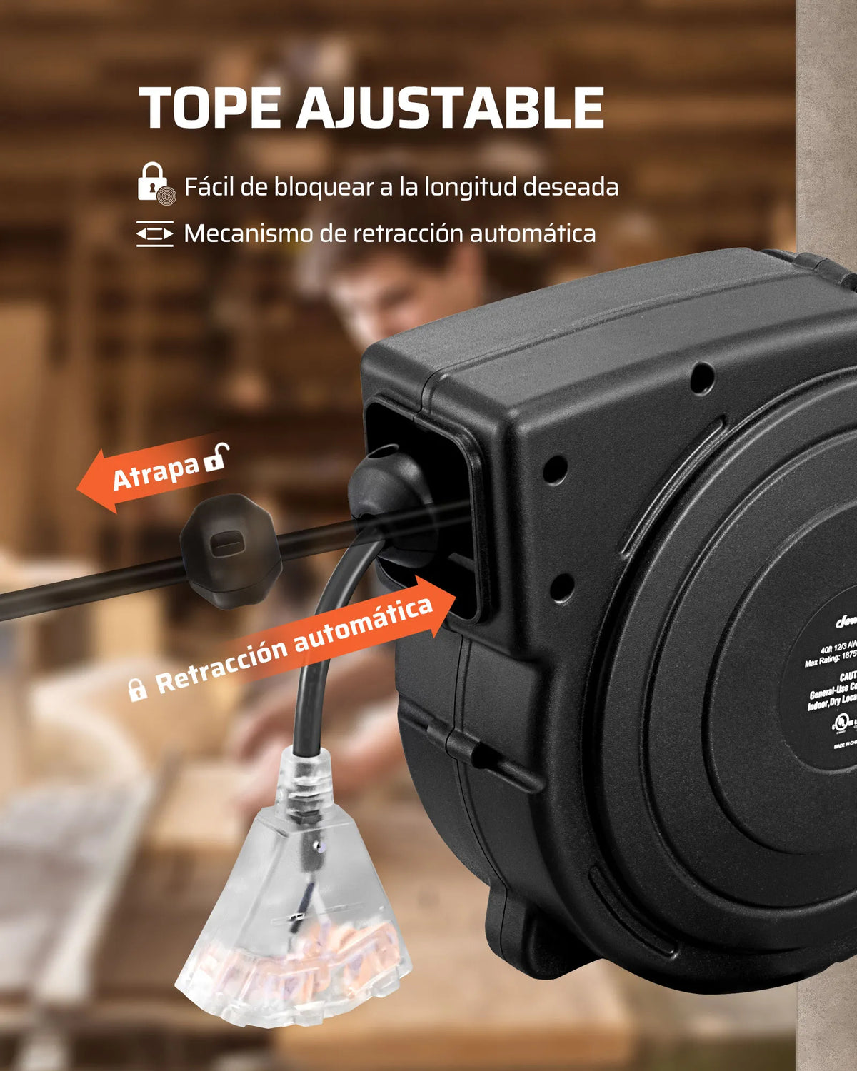 DEWENWILS 50ft Retractable Extension Cord Reel, Electric Cord Reel with 14AWG/3C SJTOW, 13A Circuit Breaker, Wall/Ceiling Mounted, 3-Lighted Triple Outlets, Blue Black-SHCRA50D