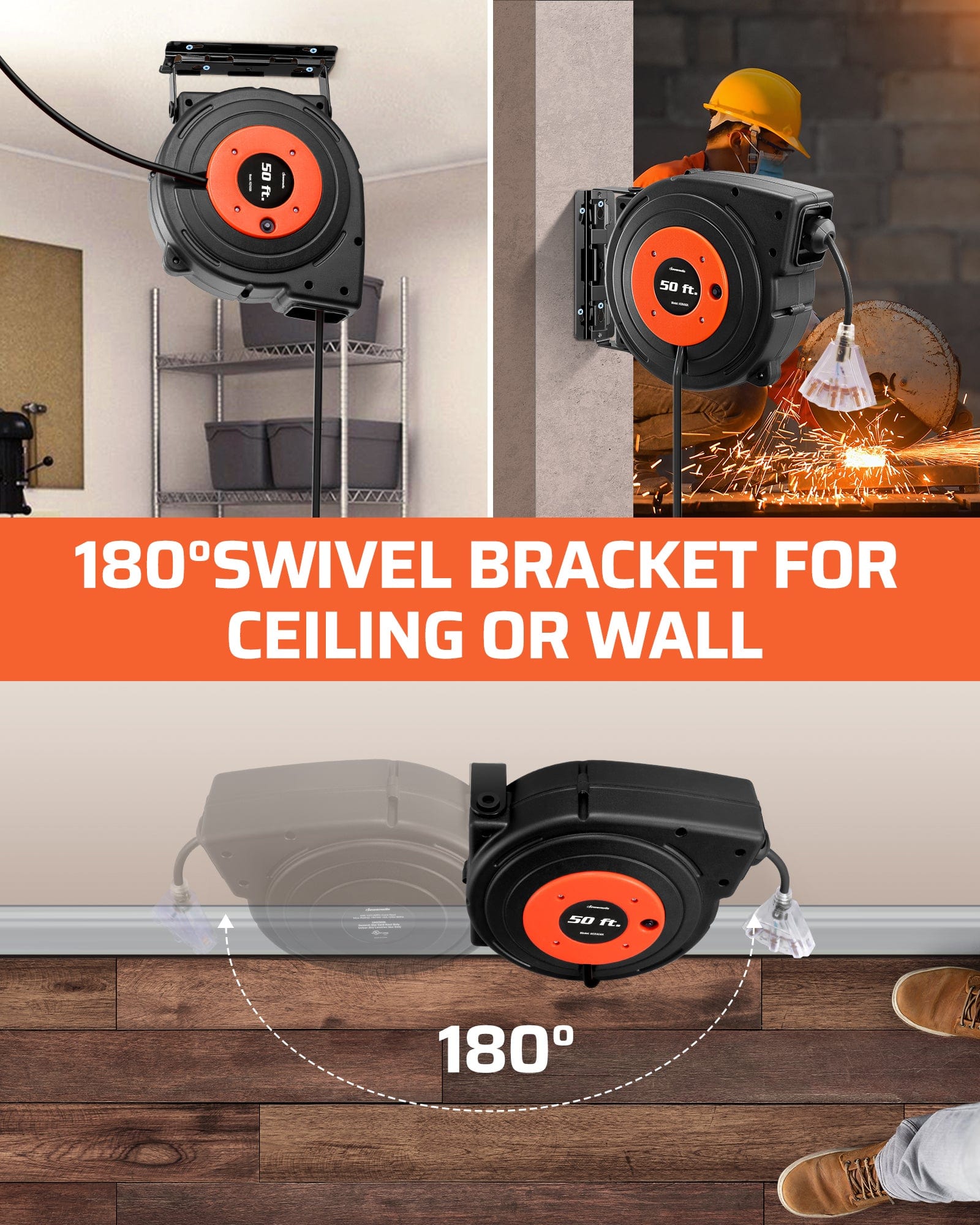 DEWENWILS 50ft retractable extension cord reel with 180° swivel bracket for ceiling or wall mounting, allowing flexible positioning and easy power access.