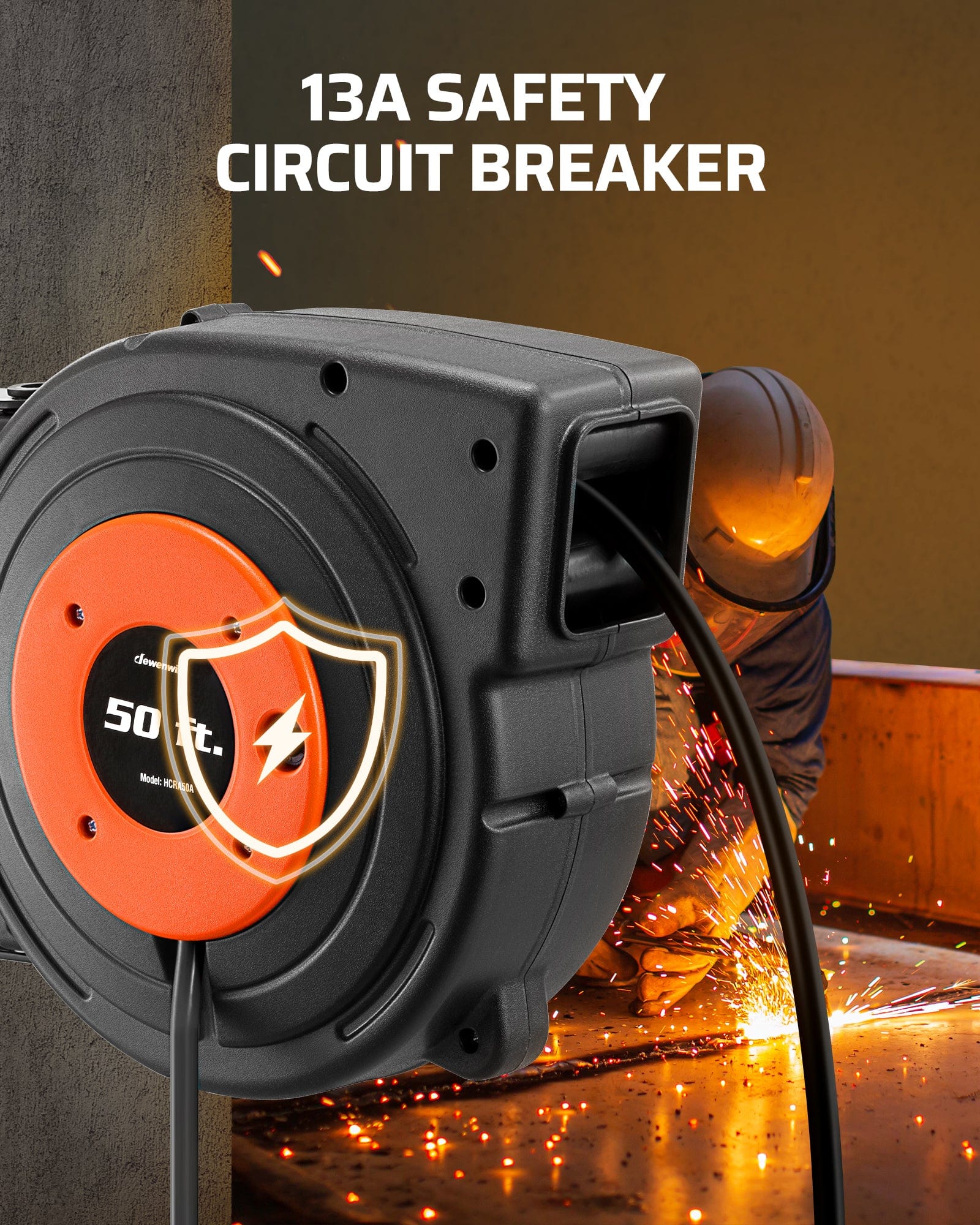 DEWENWILS 50ft retractable extension cord reel with 13A safety circuit breaker for overload protection and reliable, safe power use.
