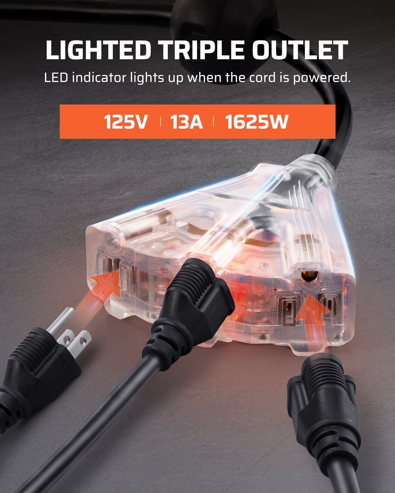 DEWENWILS 50ft retractable extension cord reel with lighted triple outlet, LED indicator, rated 125V 13A 1625W for safe, convenient multi-device use.