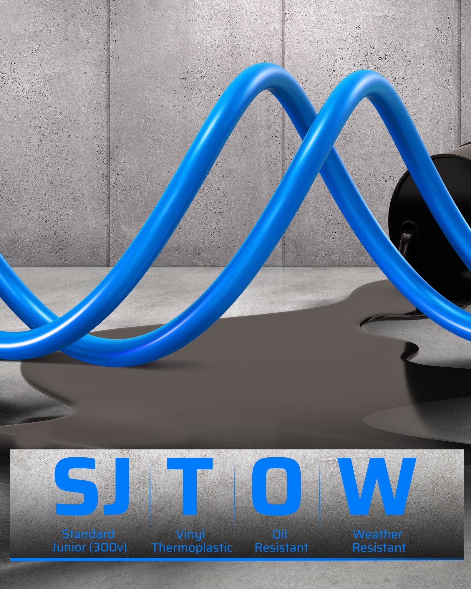 DEWENWILS 50ft retractable electric extension cord reel with SJTOW junior 300V thermoplastic cord, oil- and weather-resistant for durable indoor and outdoor use.