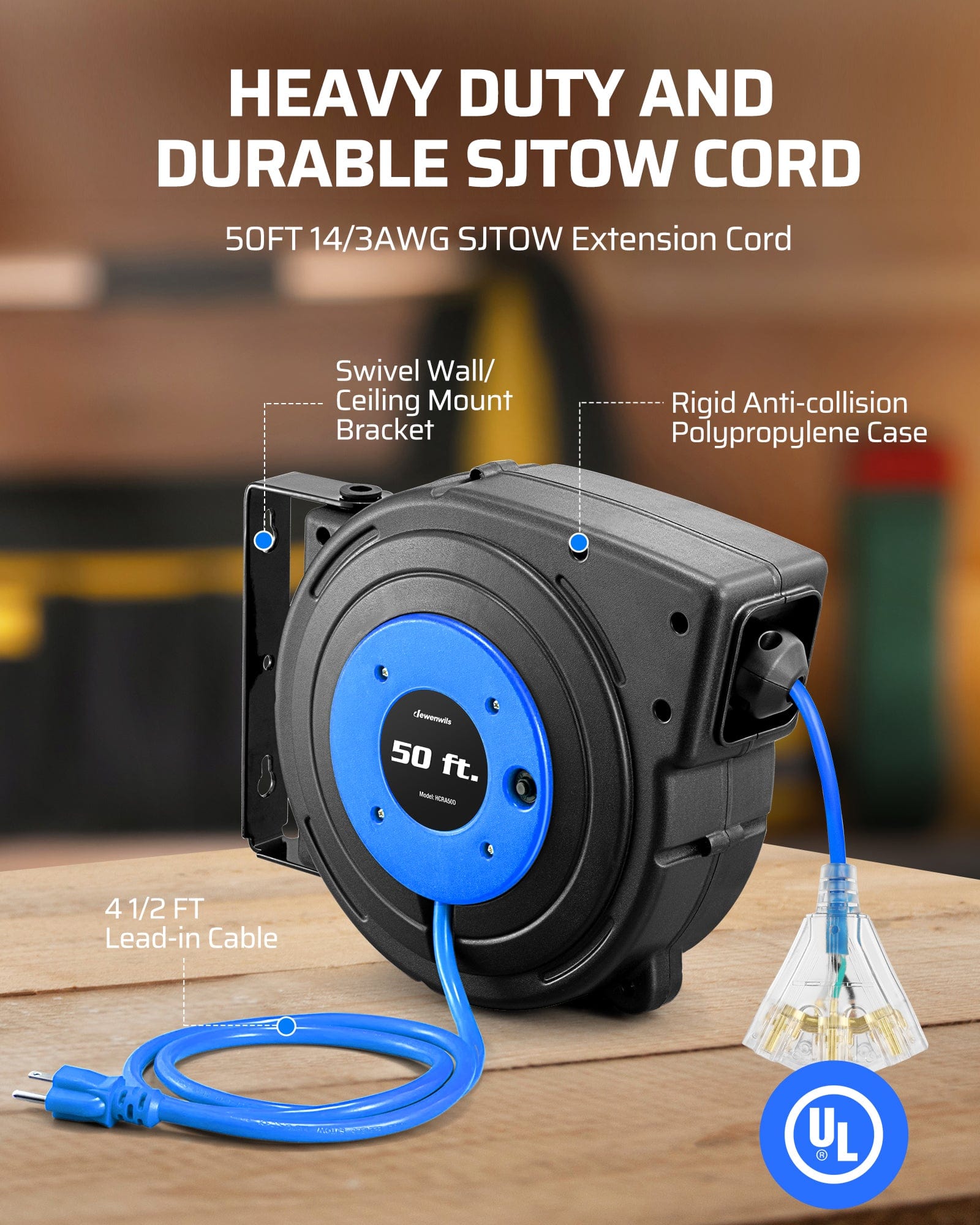 DEWENWILS 50ft retractable electric extension cord reel with heavy-duty 14/3 AWG SJTOW cord, swivel wall/ceiling mount, rigid polypropylene case, and 4.5ft lead-in cable.