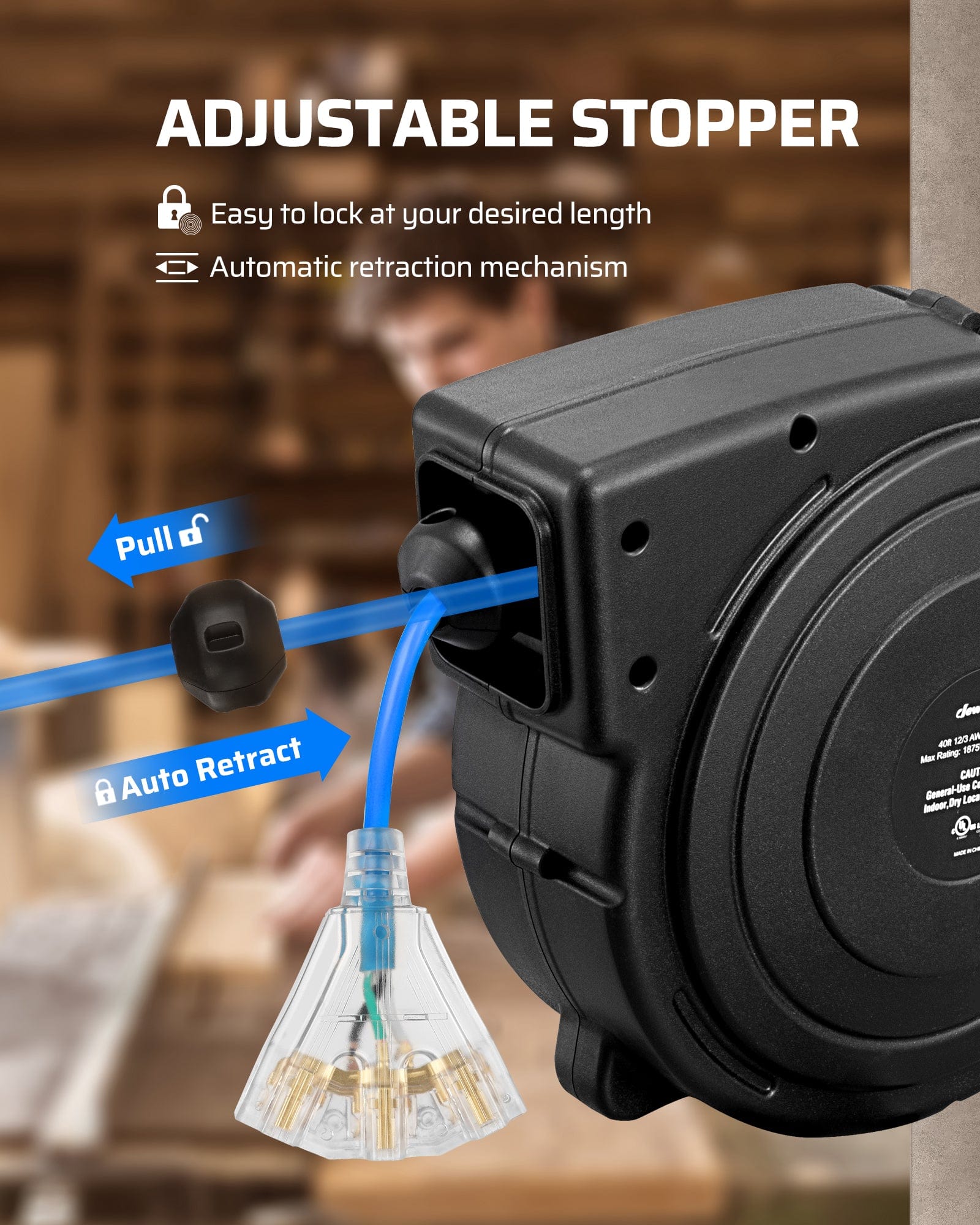 DEWENWILS 50ft retractable electric extension cord reel with adjustable stopper and automatic retraction for easy length locking and convenient power access.