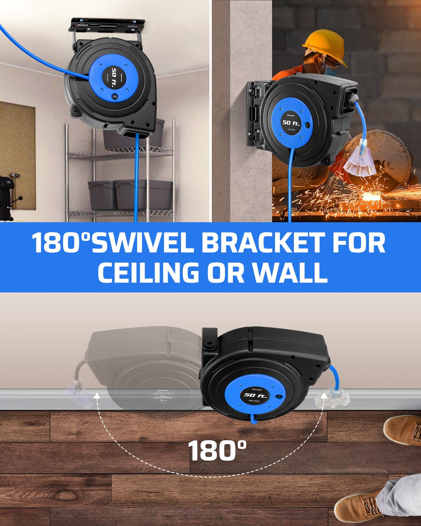 DEWENWILS 50ft retractable electric extension cord reel with 180° swivel bracket for wall or ceiling mounting, allowing flexible positioning and easy access to power.