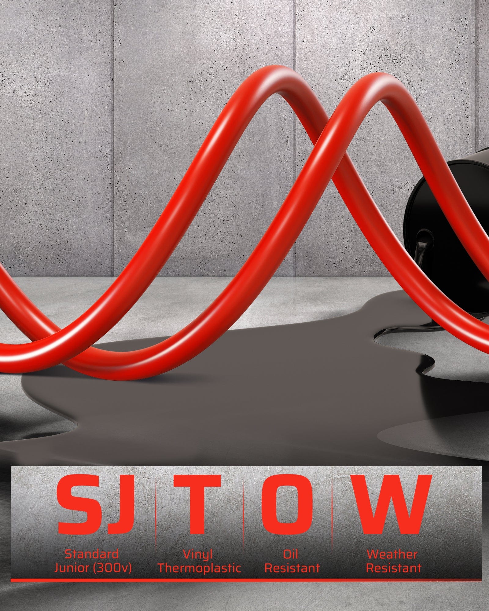 DEWENWILS 50ft retractable extension cord reel with SJTOW junior 300V thermoplastic cord, oil- and weather-resistant for durable indoor and outdoor use.