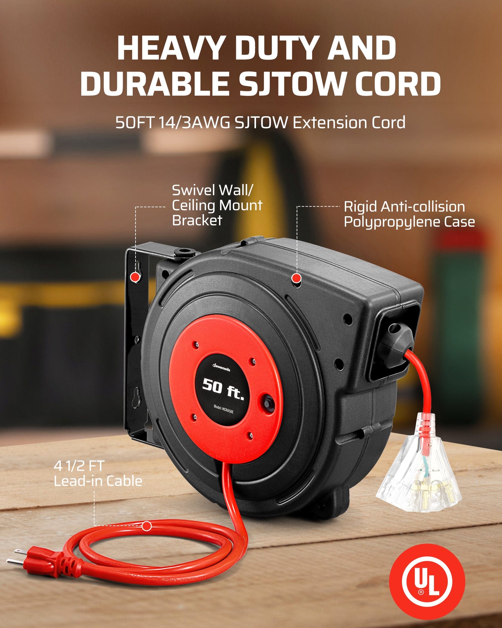 DEWENWILS 50ft retractable extension cord reel with heavy-duty 14/3 AWG SJTOW cord, swivel wall/ceiling mount, rigid anti-collision polypropylene case, and 4.5ft lead-in cable.