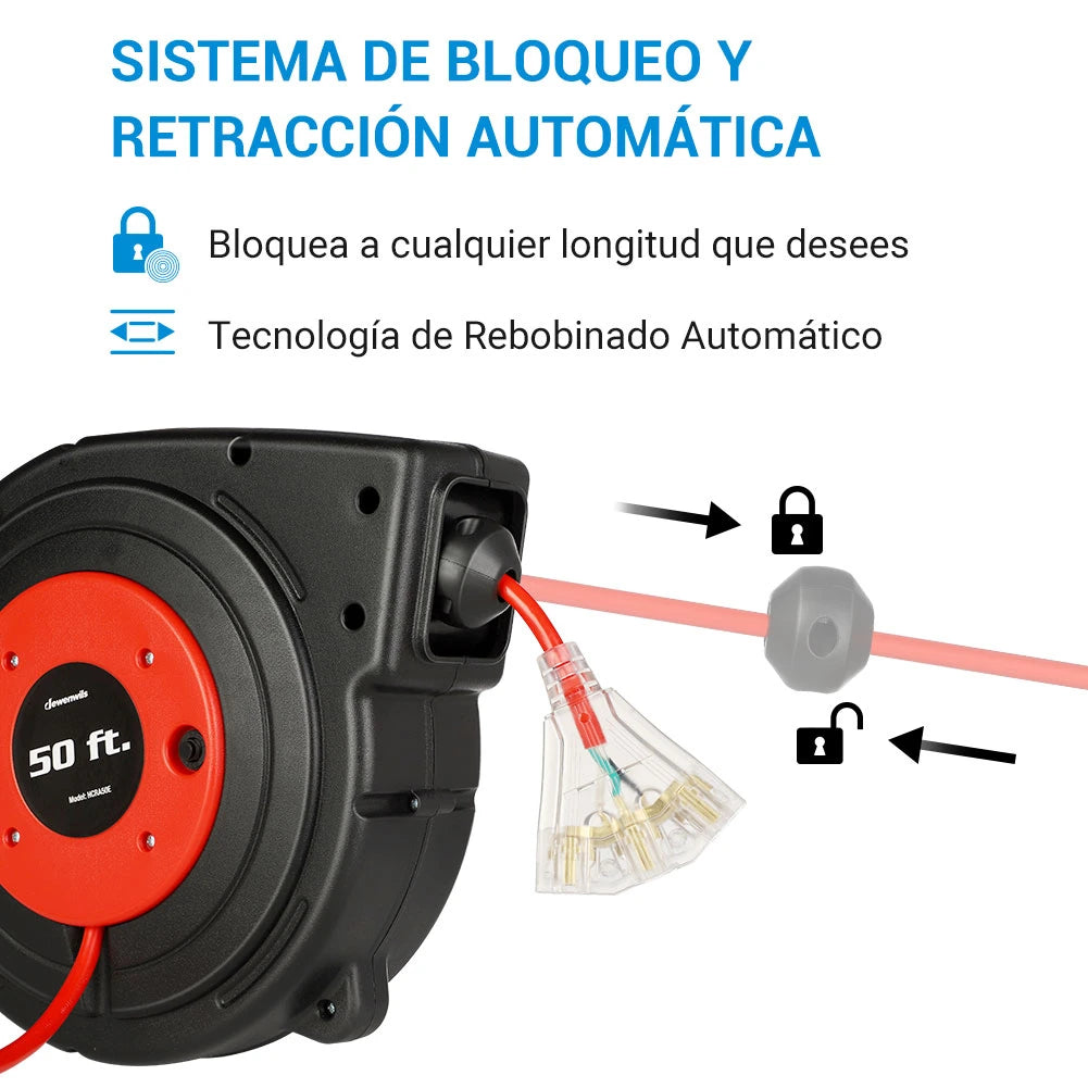 DEWENWILS 50ft Retractable Extension Cord Reel, Electric Cord Reel with 14AWG/3C SJTOW, 13A Circuit Breaker, Wall/Ceiling Mounted, 3-Lighted Triple Outlets, Blue Black-SHCRA50D