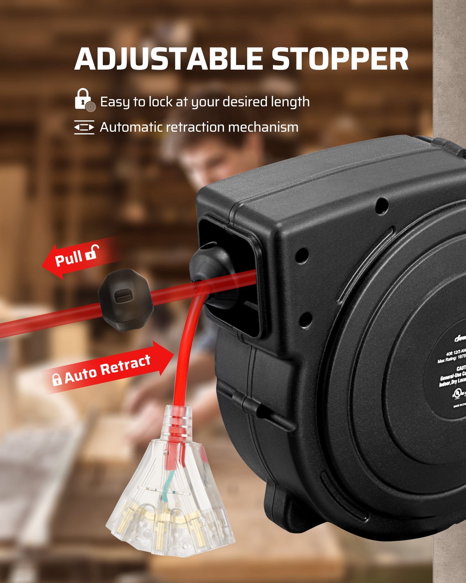 DEWENWILS 50ft retractable extension cord reel with adjustable stopper and automatic retraction for easy length locking and convenient power access.