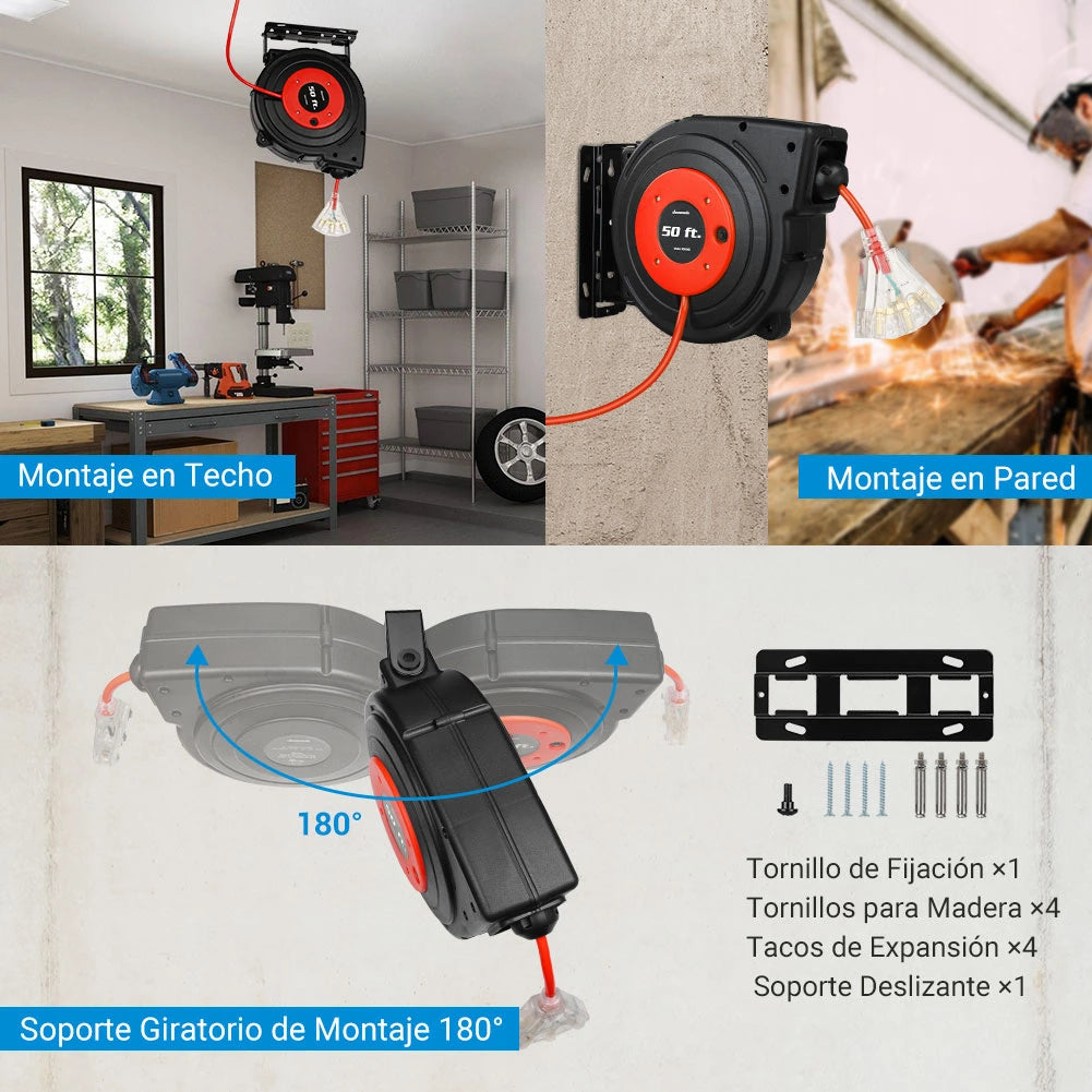 DEWENWILS 50ft Retractable Extension Cord Reel, Electric Cord Reel with 14AWG/3C SJTOW, 13A Circuit Breaker, Wall/Ceiling Mounted, 3-Lighted Triple Outlets, Blue Black-SHCRA50D