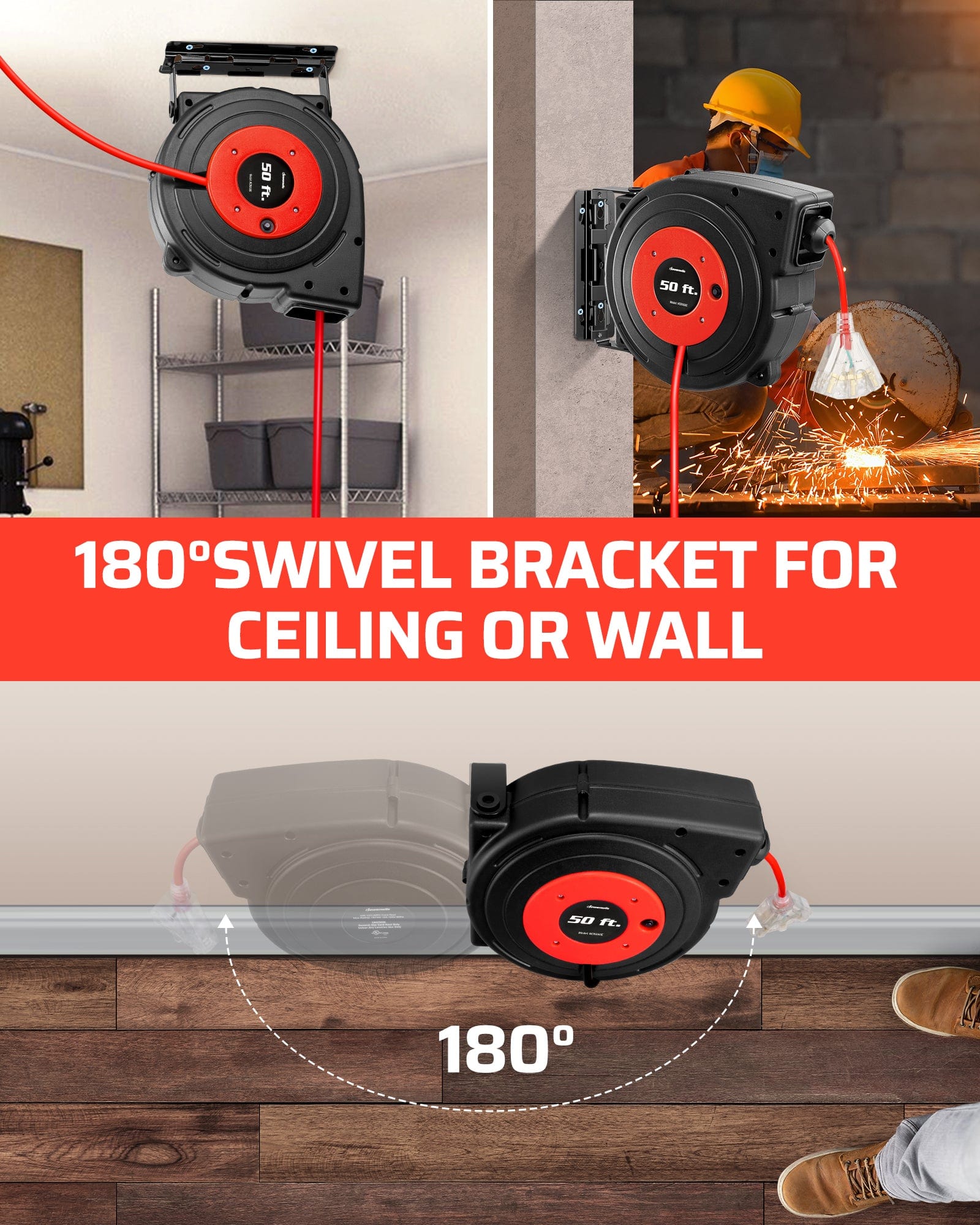 DEWENWILS 50ft retractable extension cord reel with 180° swivel bracket for ceiling or wall mounting, allowing flexible positioning and easy access to power.