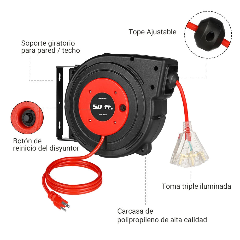 DEWENWILS 50ft Retractable Extension Cord Reel, Electric Cord Reel with 14AWG/3C SJTOW, 13A Circuit Breaker, Wall/Ceiling Mounted, 3-Lighted Triple Outlets, Blue Black-SHCRA50D