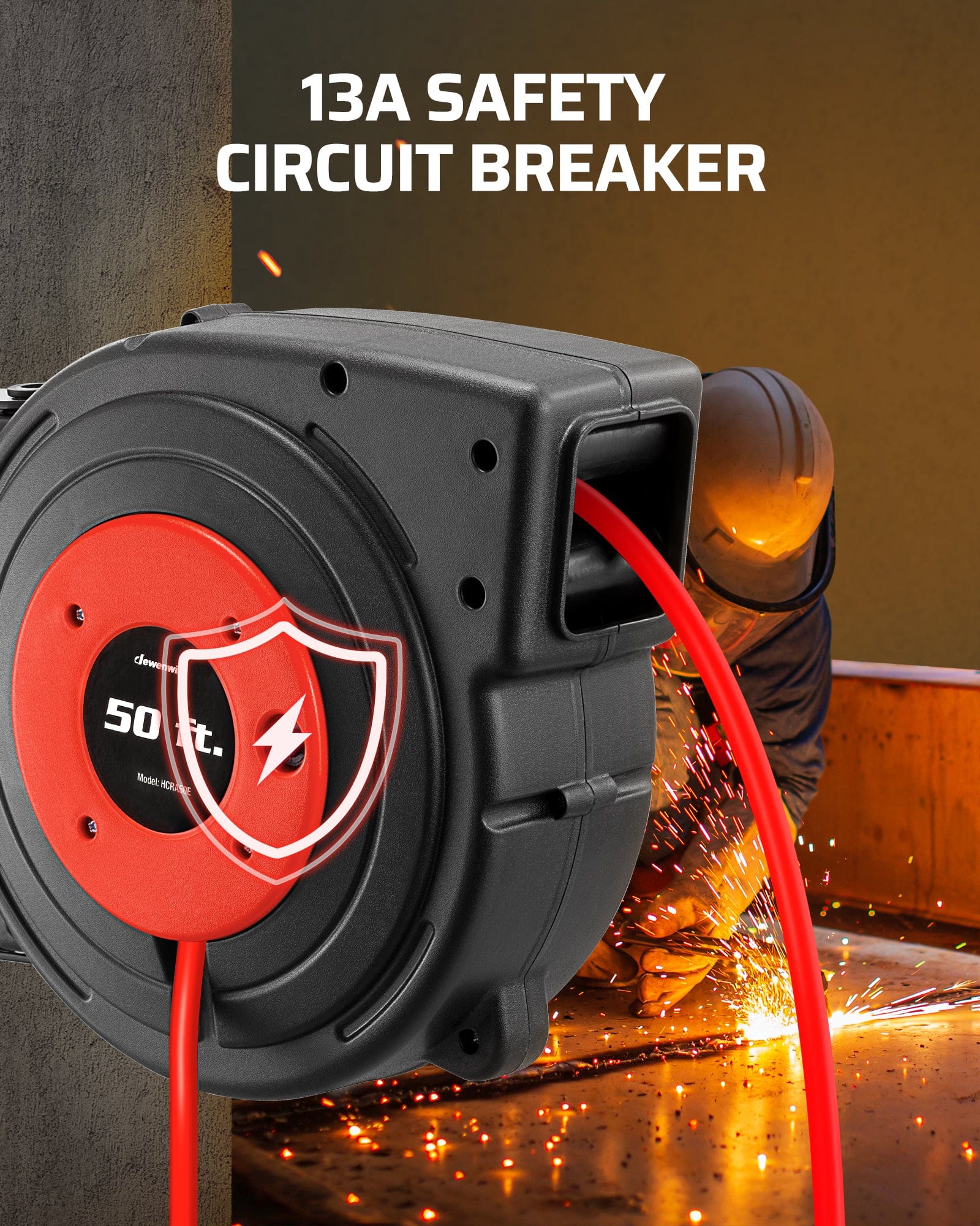 DEWENWILS 50ft retractable extension cord reel with 13A safety circuit breaker for overload protection and reliable, safe power use.