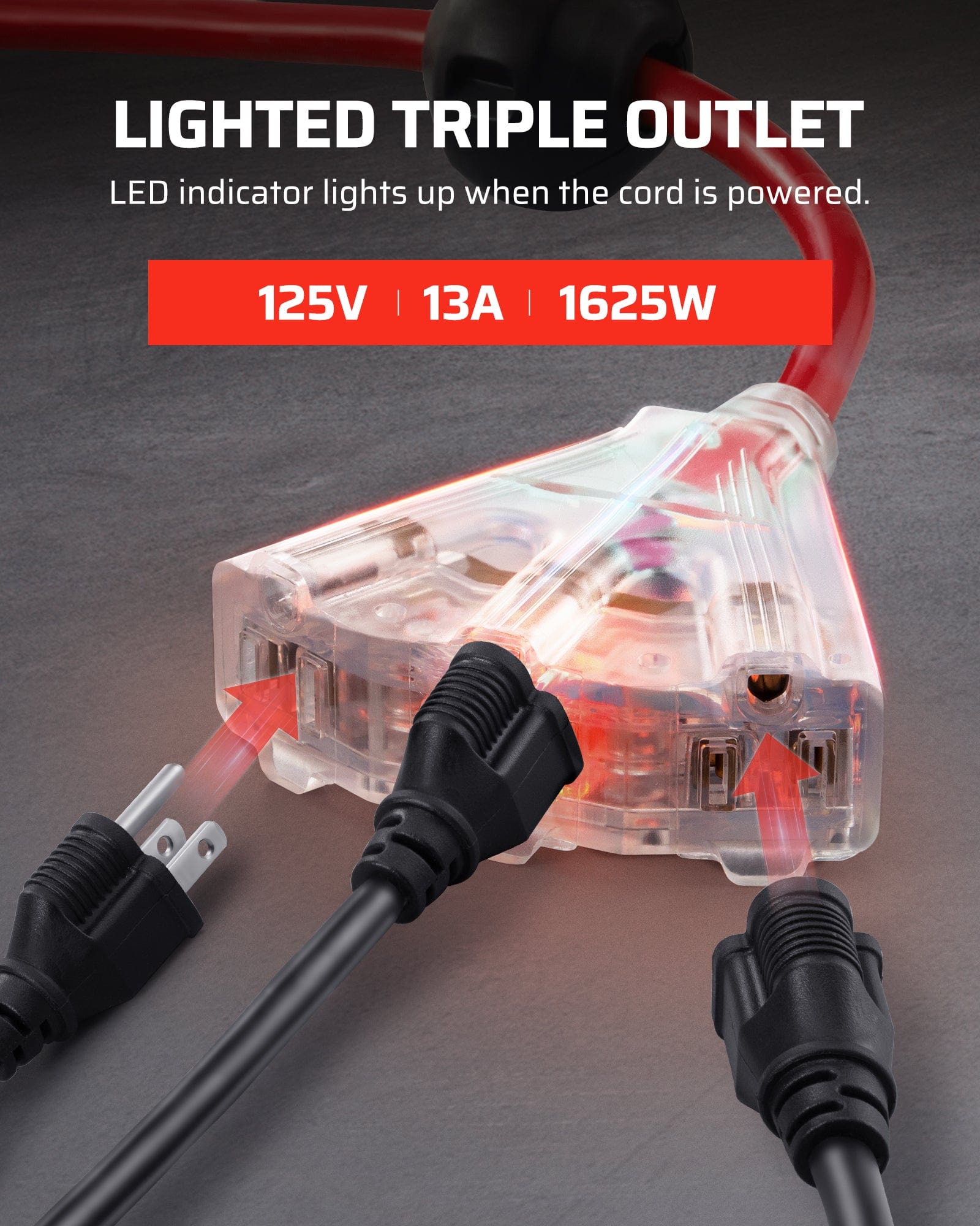 DEWENWILS 50ft retractable extension cord reel with lighted triple outlet, LED power indicator, rated 125V 13A 1625W for safe, convenient multi-device use.