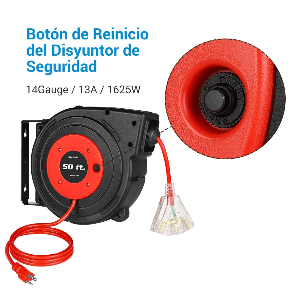 DEWENWILS 50ft Retractable Extension Cord Reel, Electric Cord Reel with 14AWG/3C SJTOW, 13A Circuit Breaker, Wall/Ceiling Mounted, 3-Lighted Triple Outlets, Blue Black-SHCRA50D
