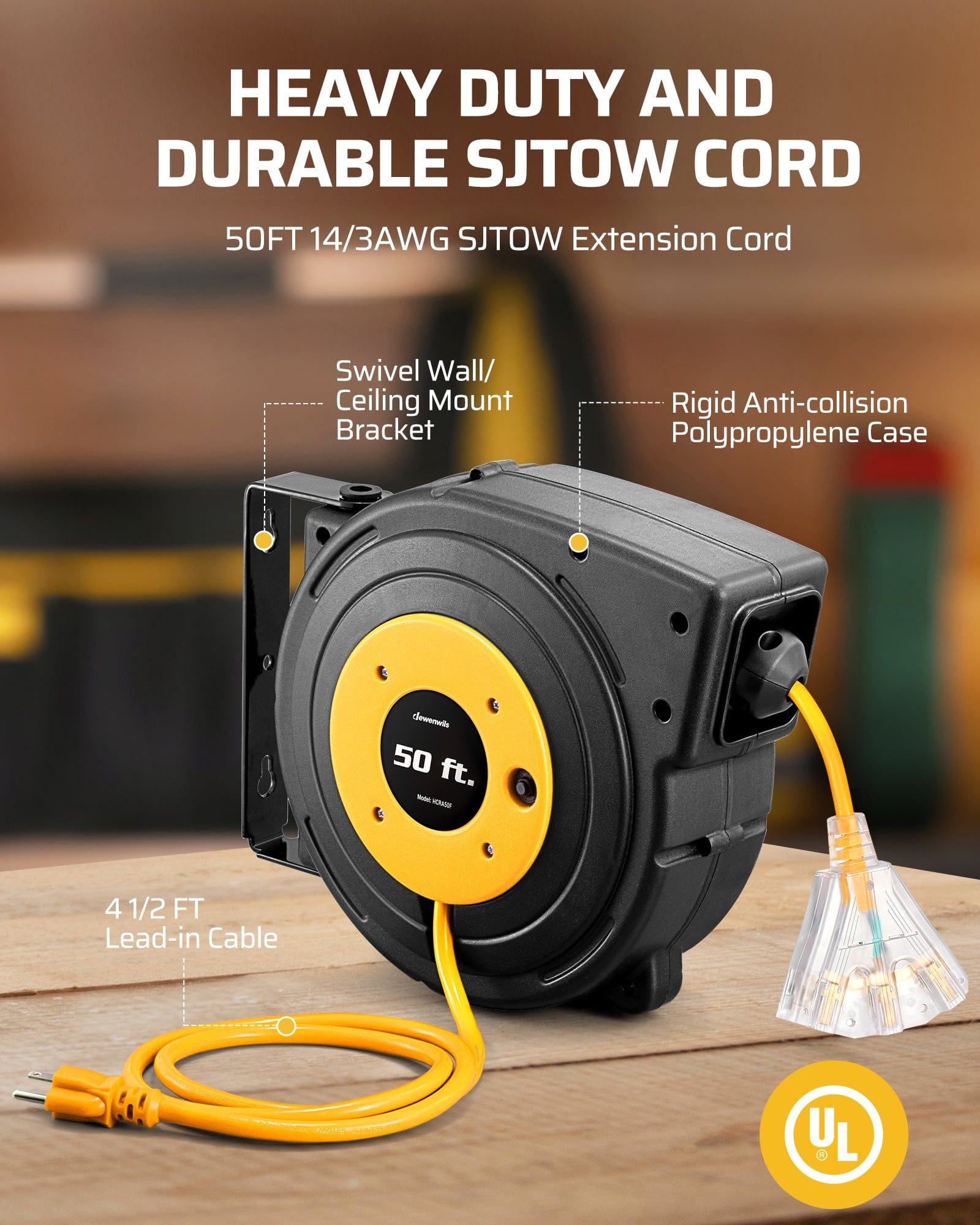 50ft retractable extension cord reel with heavy-duty 14/3 AWG SJTOW cord, swivel wall/ceiling mount, rigid polypropylene case, and 4.5ft lead-in cable.
