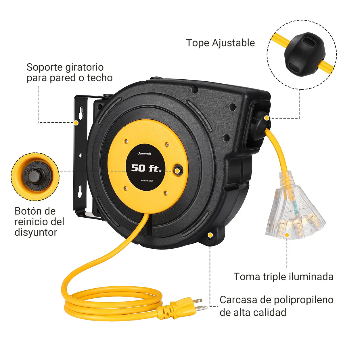 DEWENWILS 50ft Retractable Extension Cord Reel, Electric Cord Reel with 14AWG/3C SJTOW, 13A Circuit Breaker, Wall/Ceiling Mounted, 3-Lighted Triple Outlets, Blue Black-SHCRA50D