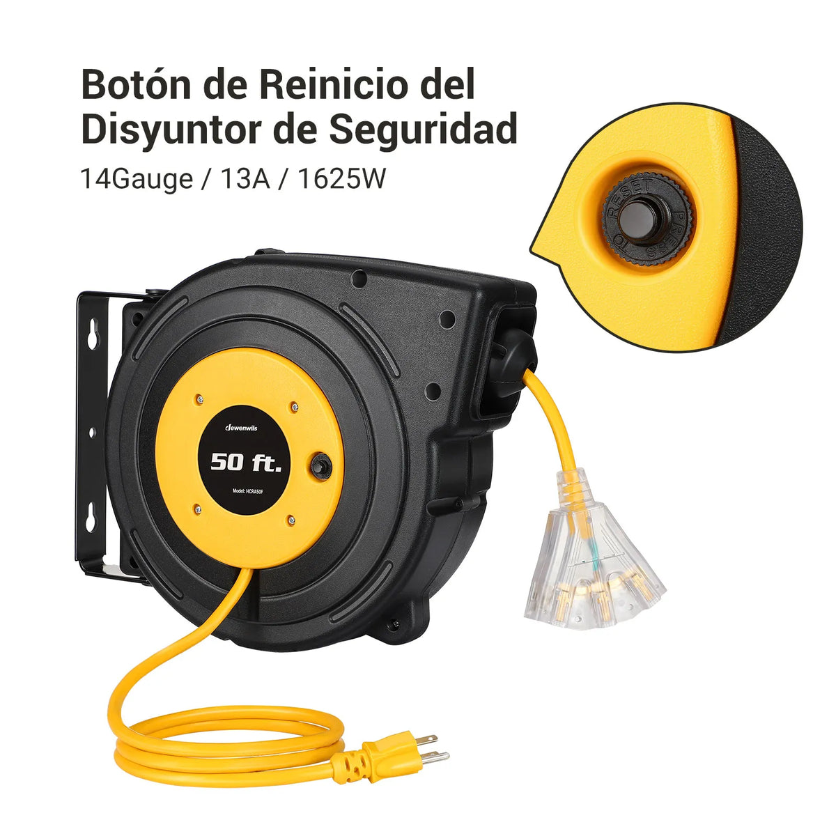 DEWENWILS 50ft Retractable Extension Cord Reel, Electric Cord Reel with 14AWG/3C SJTOW, 13A Circuit Breaker, Wall/Ceiling Mounted, 3-Lighted Triple Outlets, Blue Black-SHCRA50D