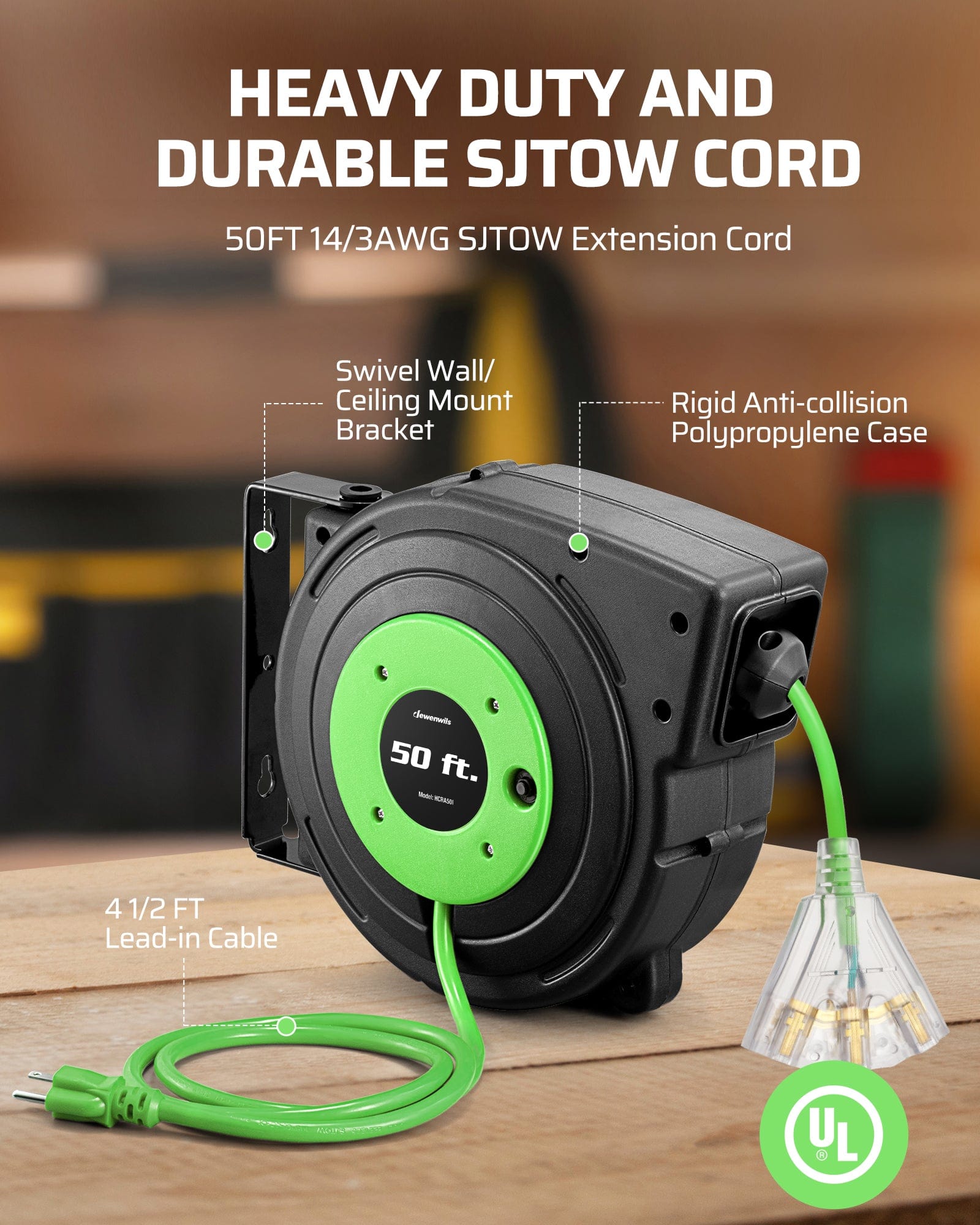 DEWENWILS 50ft retractable extension cord reel with heavy-duty 14/3 AWG SJTOW cord, swivel wall/ceiling mount, rigid anti-collision polypropylene case, and 4.5ft lead-in cable